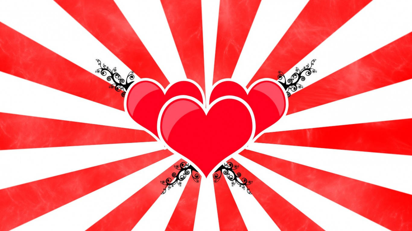glossy red hearts, red and white striped background, black ornate flourishes, HD Desktop Wallpaper