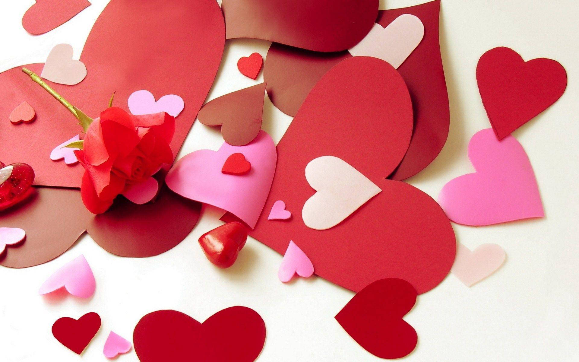 Heart Aesthetic, red rose, paper hearts, Full HD Desktop Wallpaper