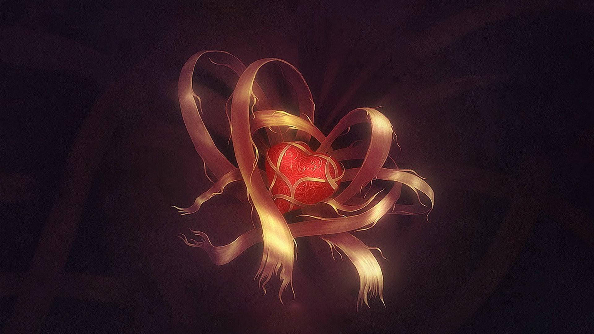 glowing red heart, intricate patterns, flowing golden ribbons, Full HD Desktop Wallpaper
