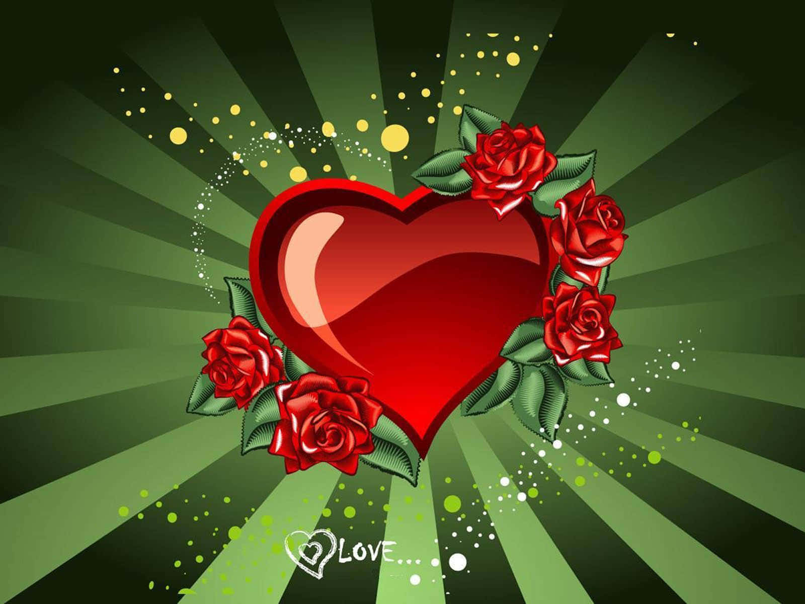 glossy red heart, red roses, green radial burst background, HD Desktop Wallpaper