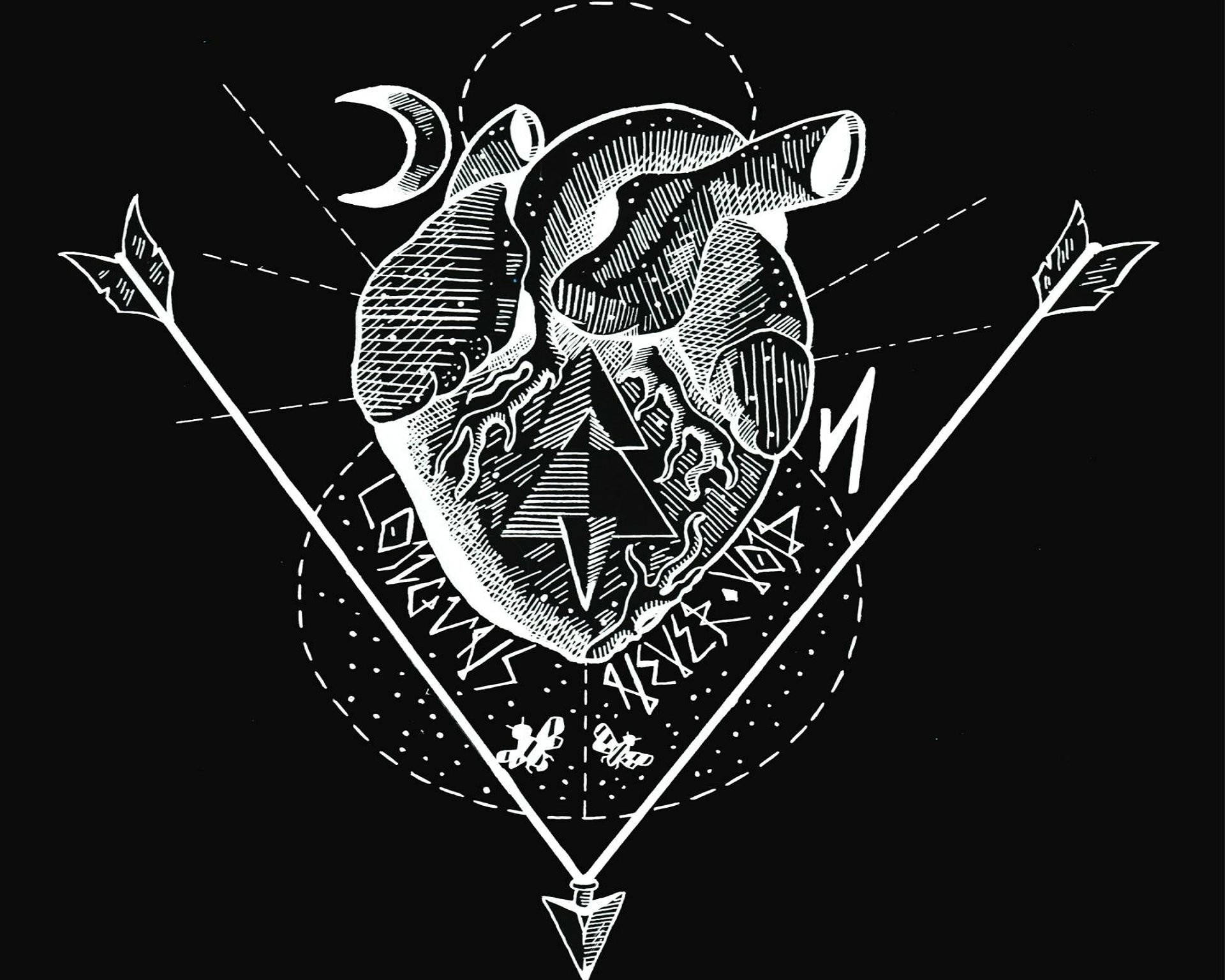black and white drawing, heart, arrows, Full HD Desktop Wallpaper
