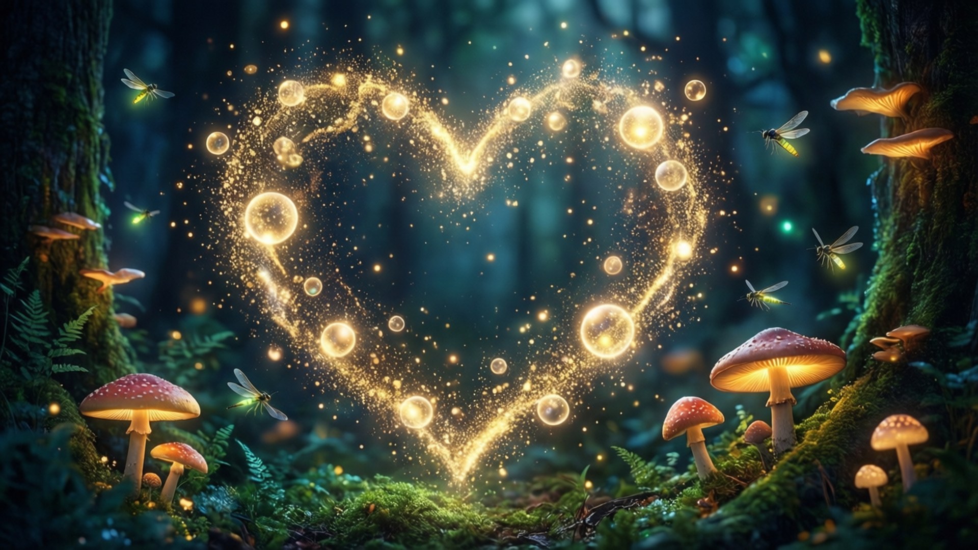 Enchanted Forest Heart, golden particles, dark forest, Full HD Desktop Wallpaper