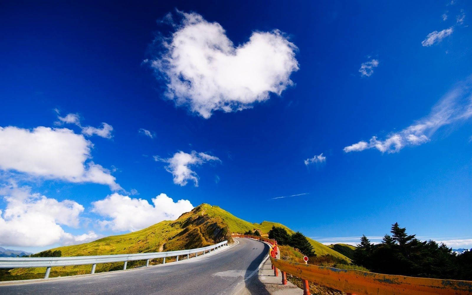 heart-shaped cloud, vibrant blue sky, winding mountain road, HD Desktop Wallpaper