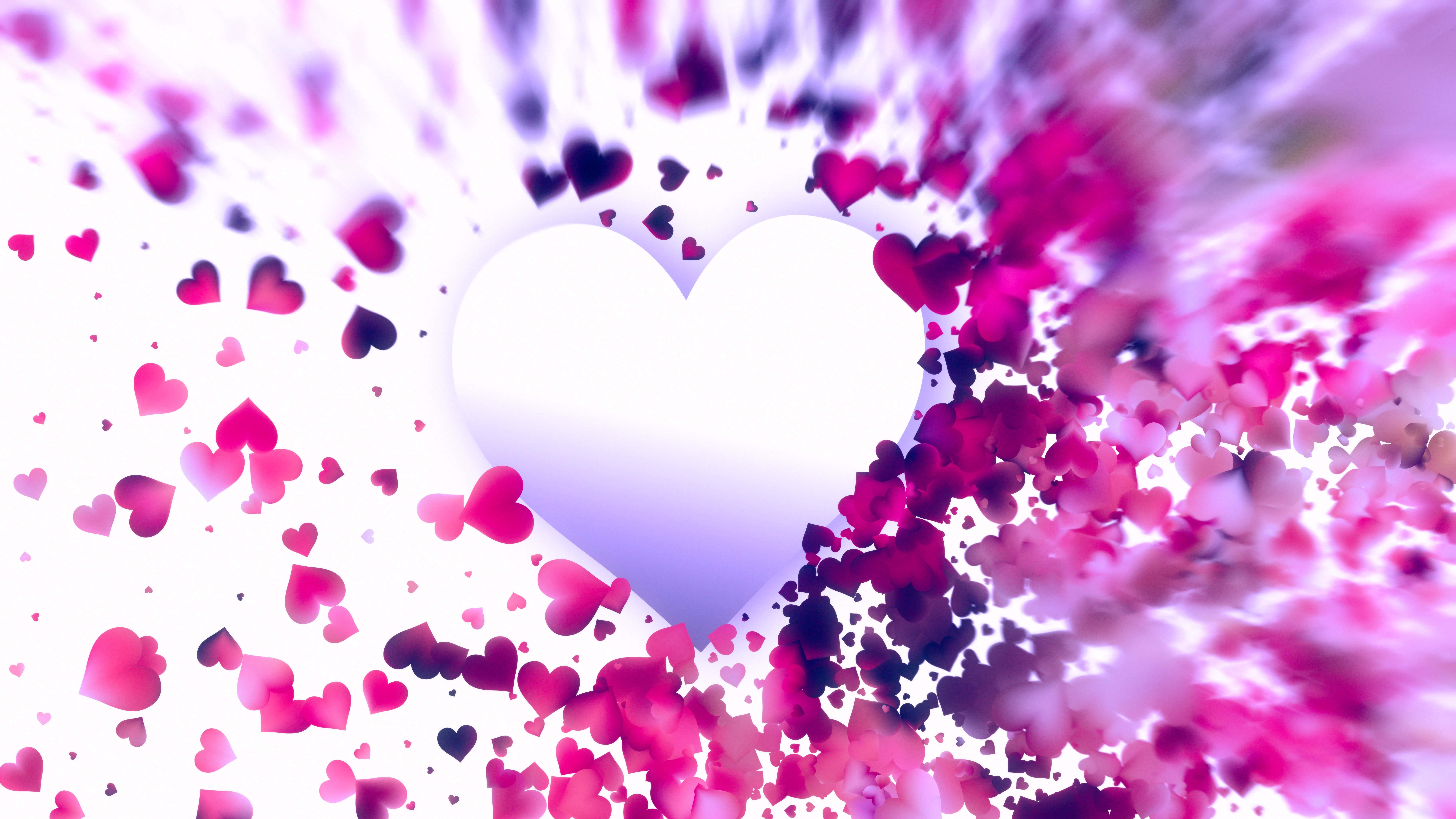 abstract heart explosion, radiant white heart, swirling pink and purple hearts, 8K Desktop Wallpaper