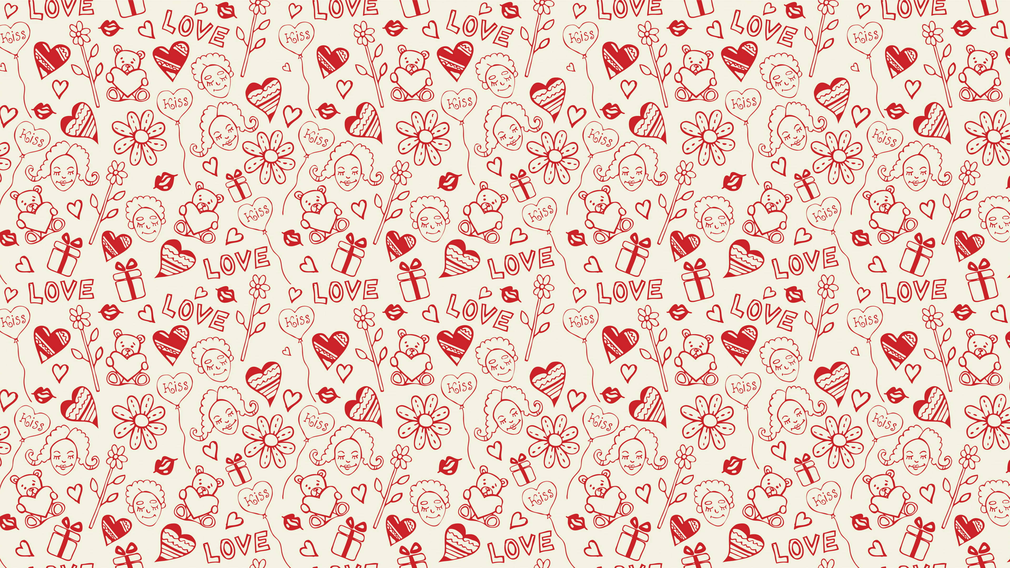 red line-drawn hearts, flowers, teddy bears, 4K Desktop Wallpaper