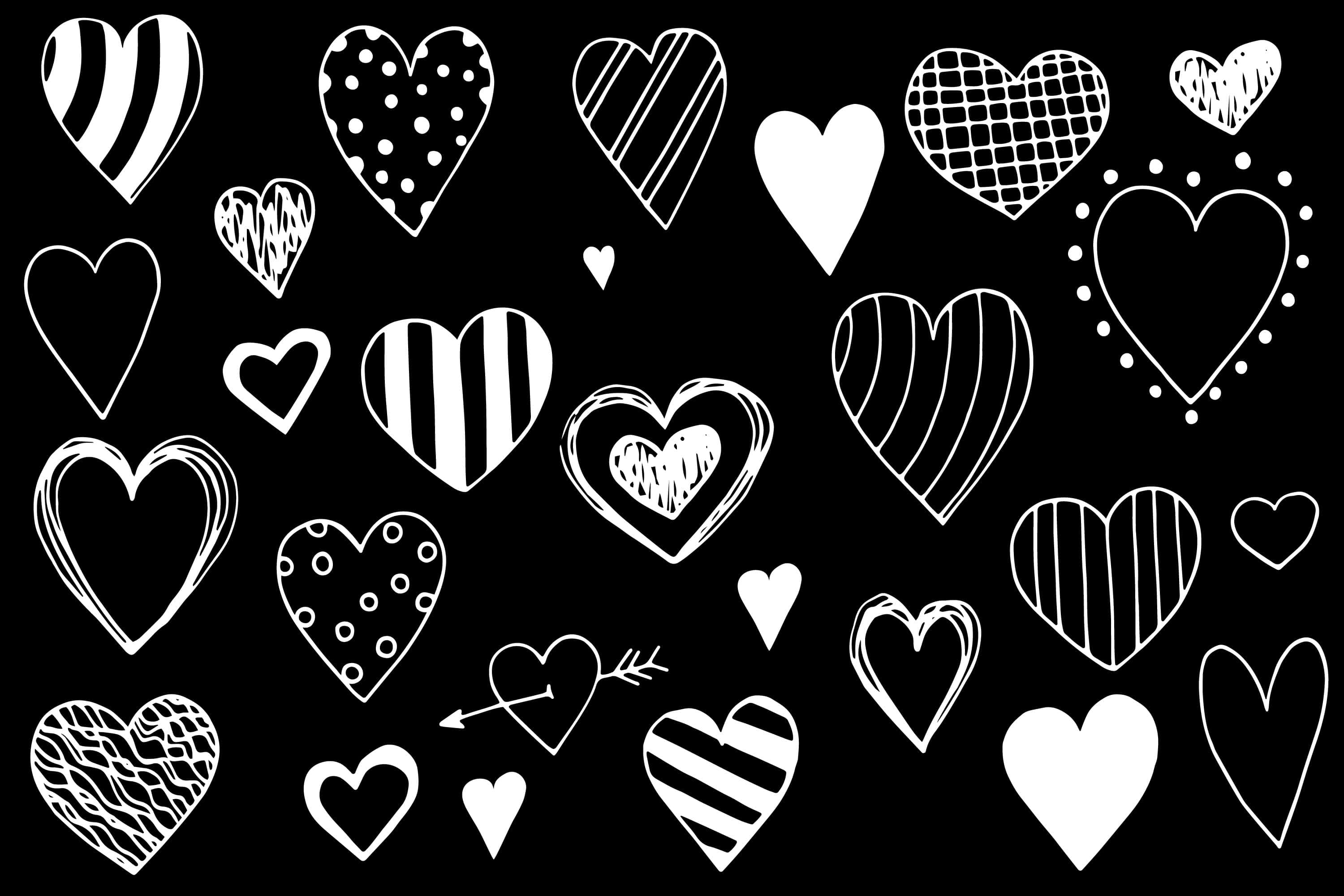 Heart Doodle, black background, white hand-drawn hearts, 2K Desktop Wallpaper