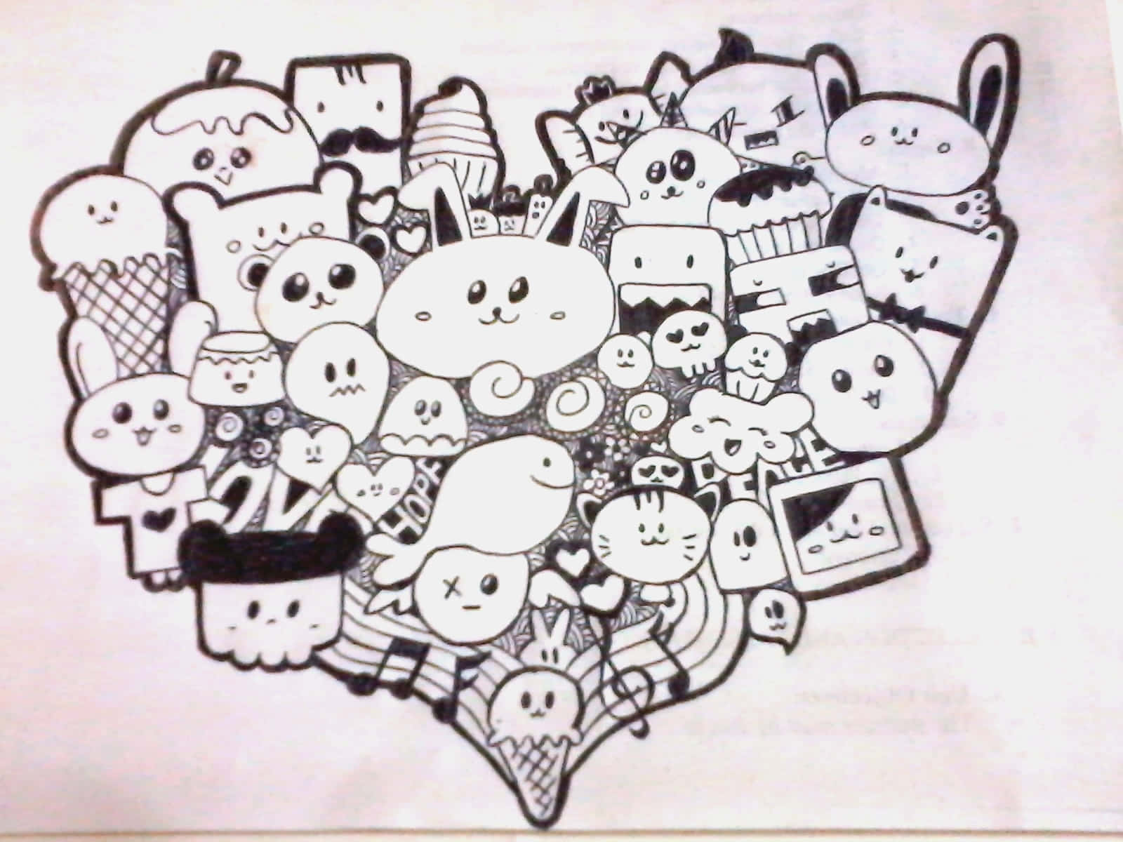 heart doodle, pink background, black and white, HD Desktop Wallpaper