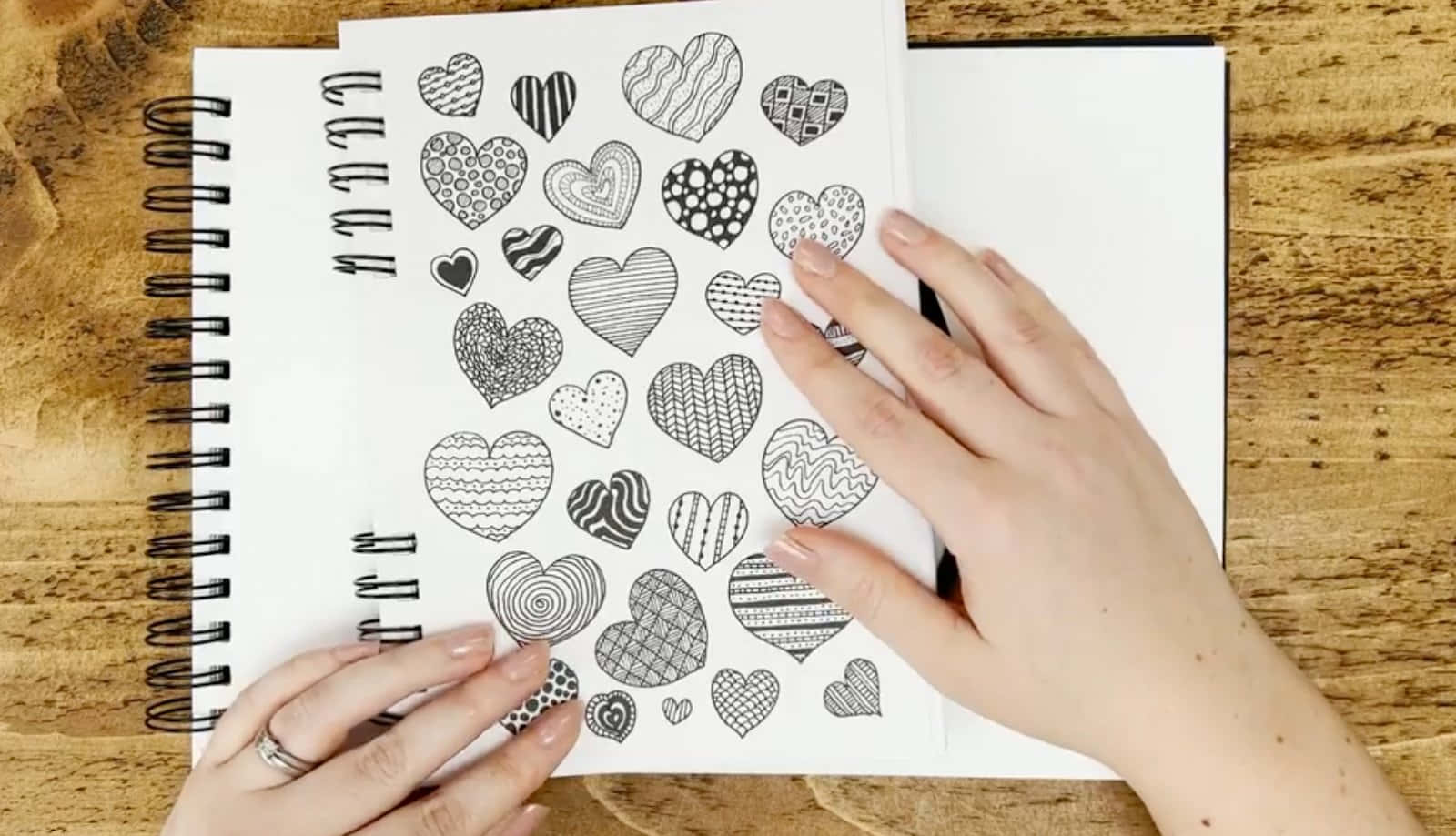 Heart Doodle, black and white doodled hearts, wooden table, HD Desktop Wallpaper