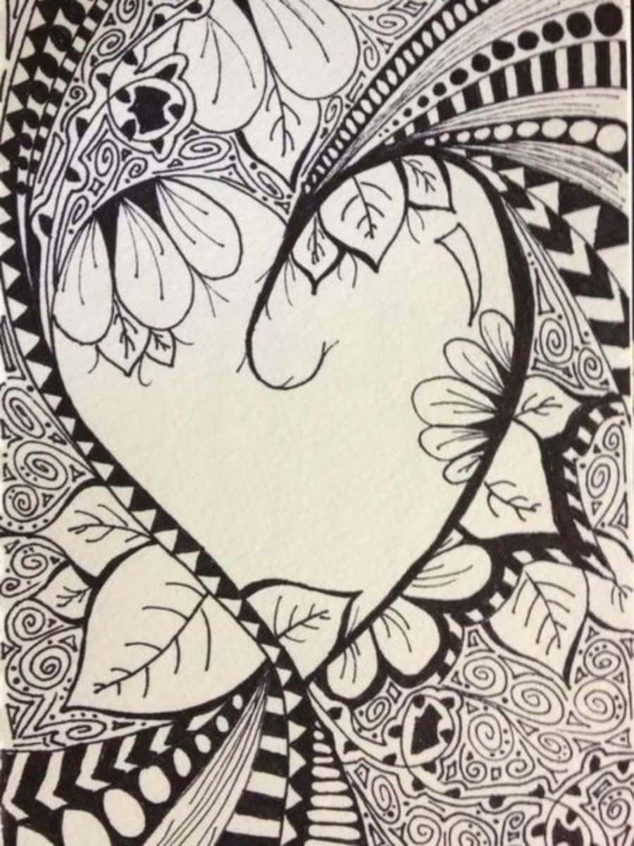 Heart Doodle, black and white, intricate line drawing, SD Phone Wallpaper