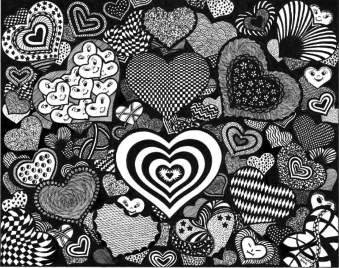 heart doodle, black and white doodle collage, hearts, SD Desktop Wallpaper