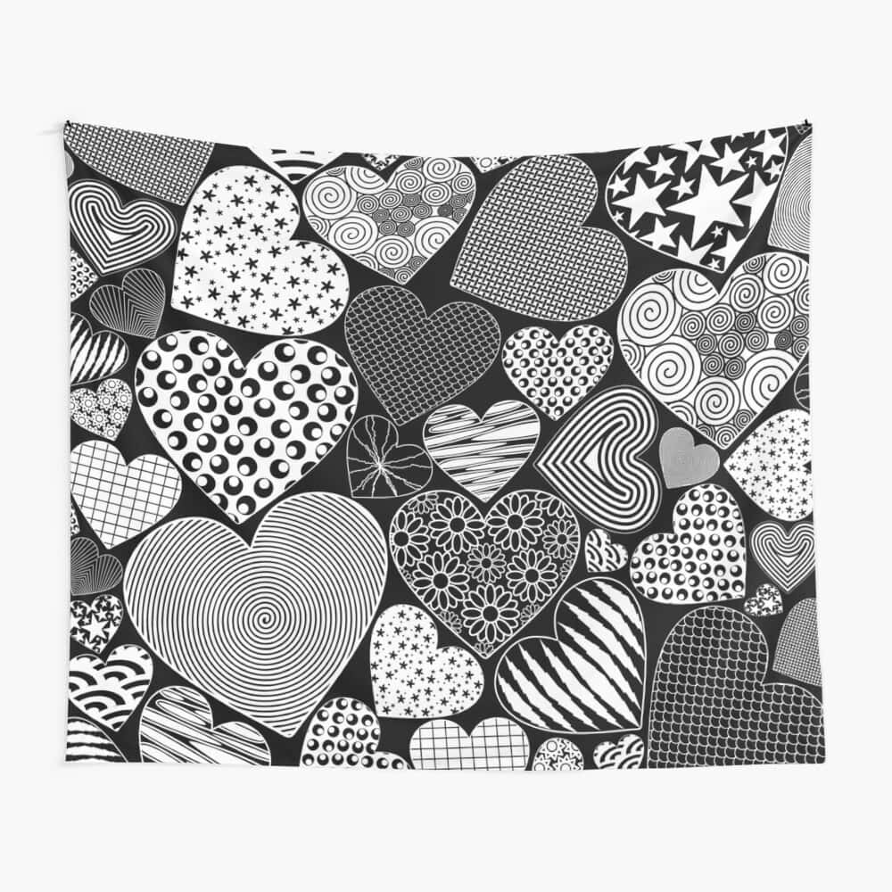 Heart Doodle, black and white tapestry, intricately patterned hearts, SD Desktop Wallpaper