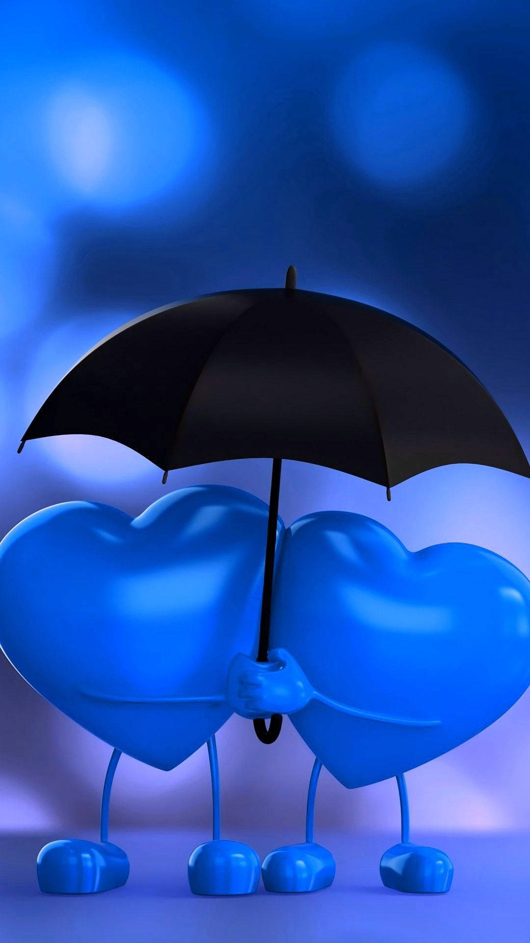 Heart iPhone, glossy blue heart characters, black umbrella, Full HD Phone Wallpaper