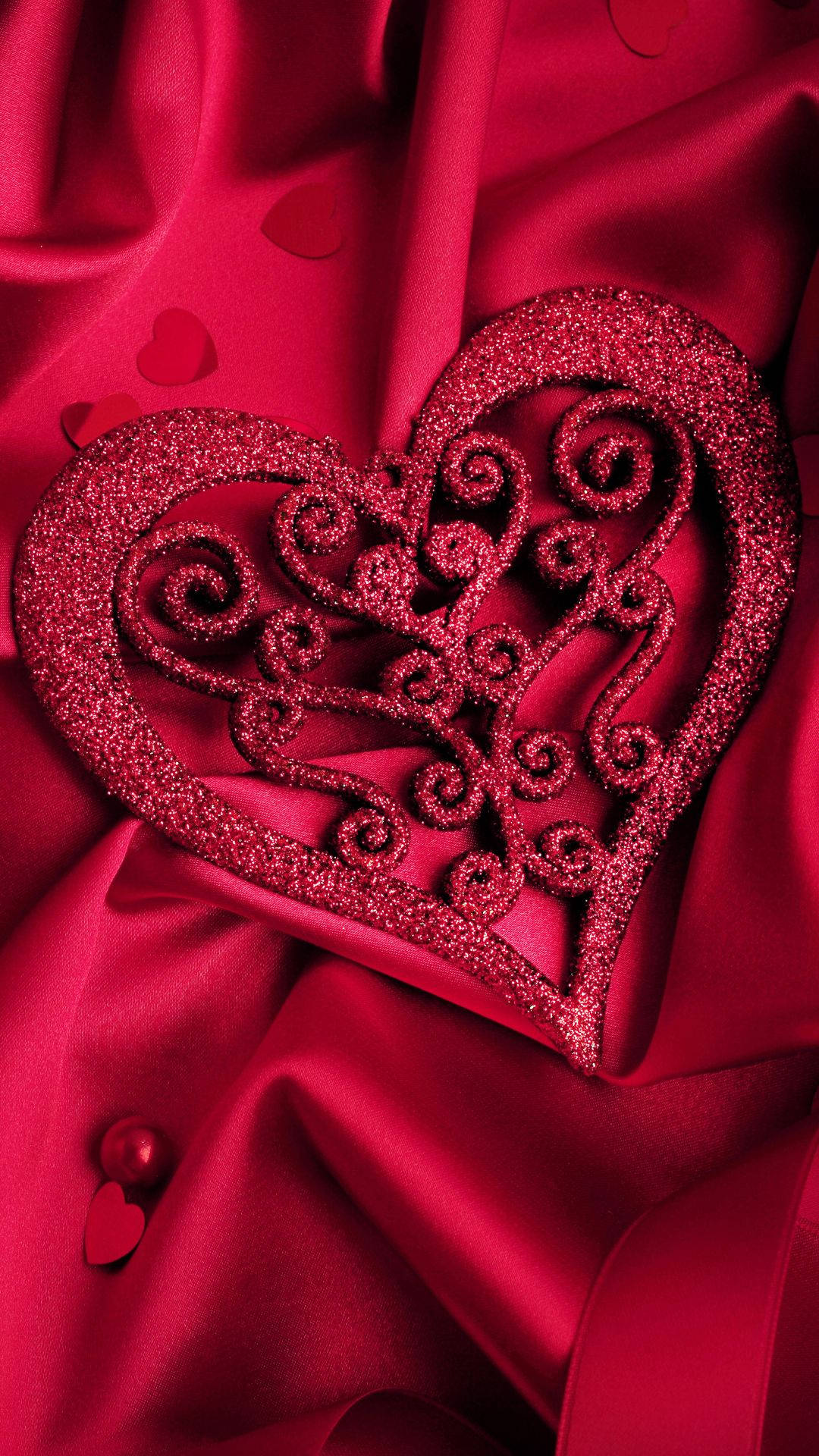 Heart iPhone, glittering red ornate heart, luxurious satin fabric, Full HD Phone Wallpaper