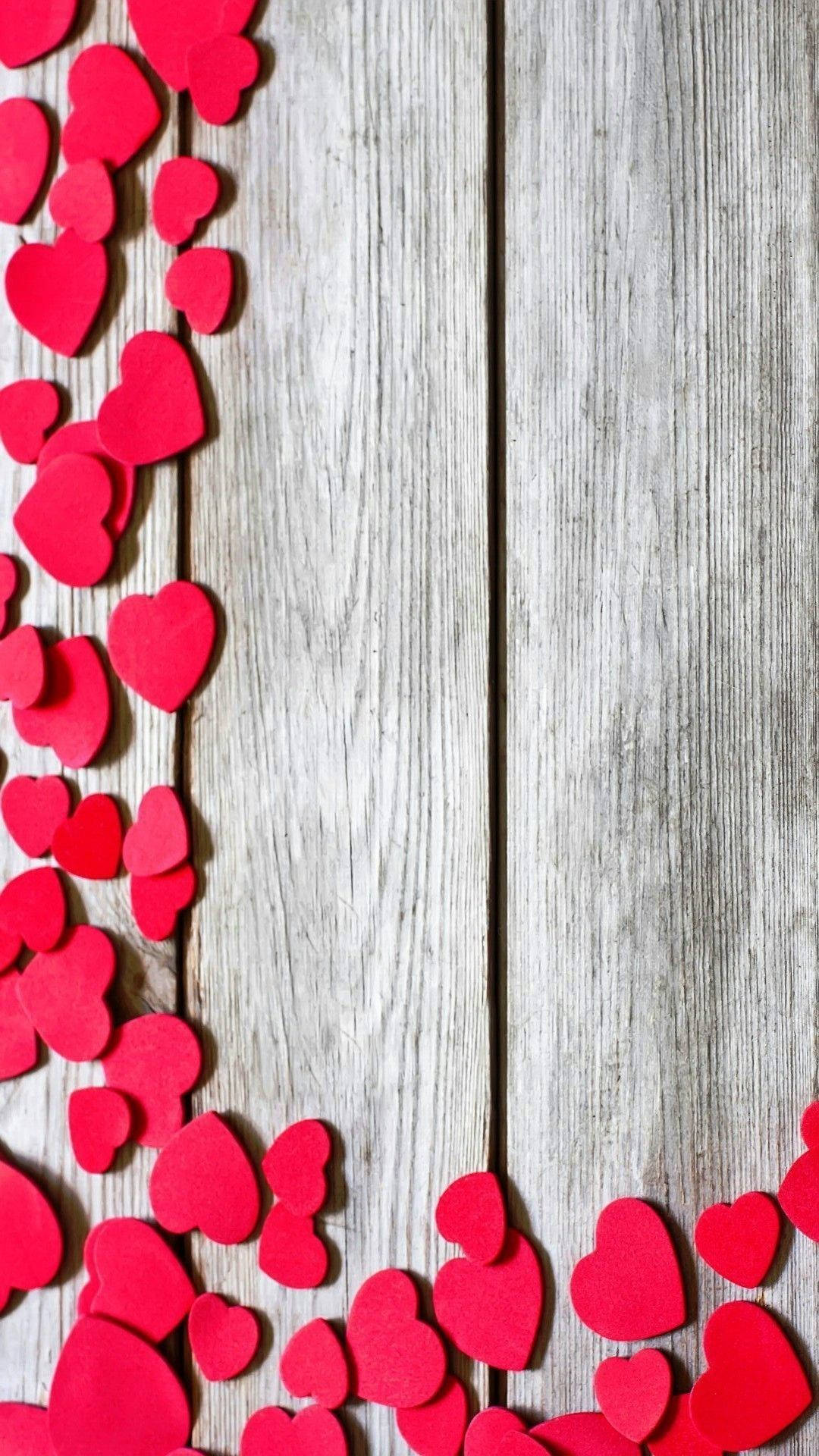 Heart iPhone, red paper hearts, weathered gray wooden surface, Full HD Phone Wallpaper
