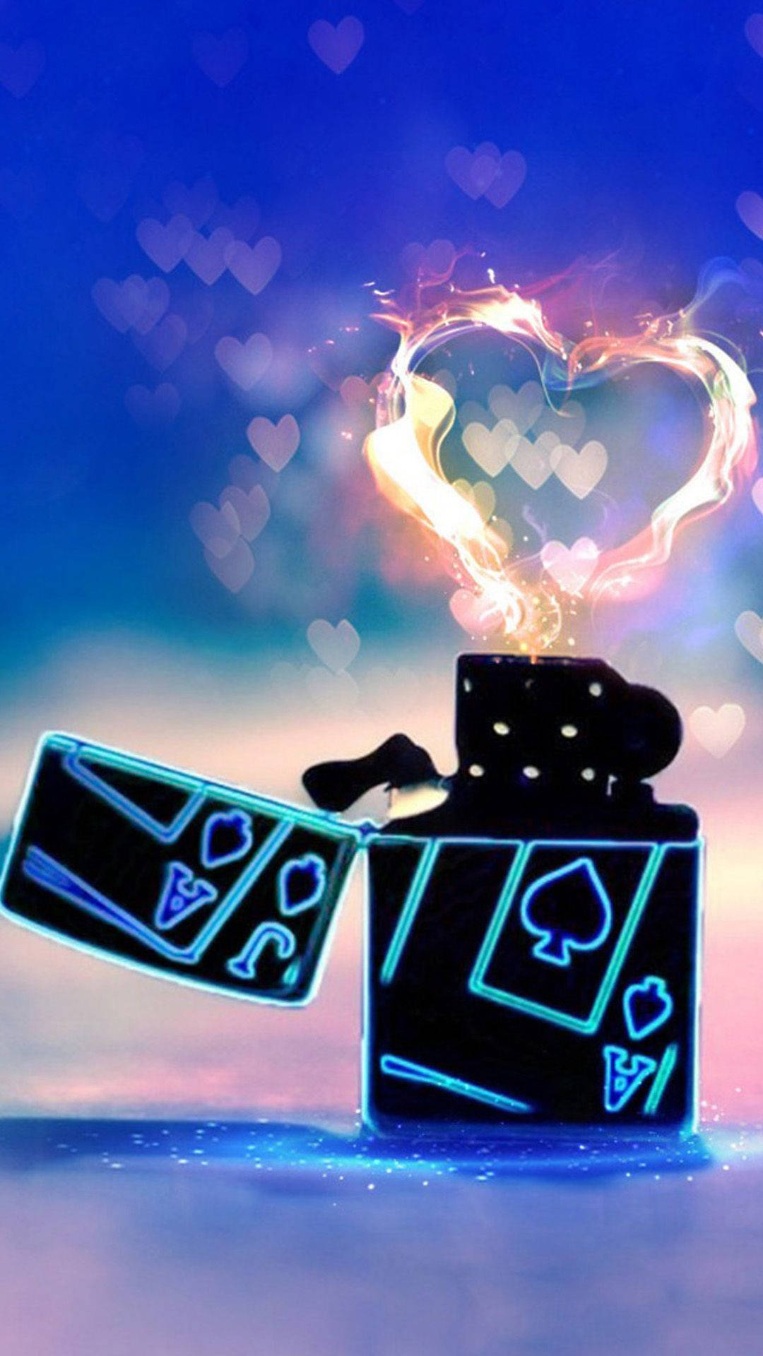 Heart iPhone, neon blue, playing card symbols, Full HD Phone Wallpaper