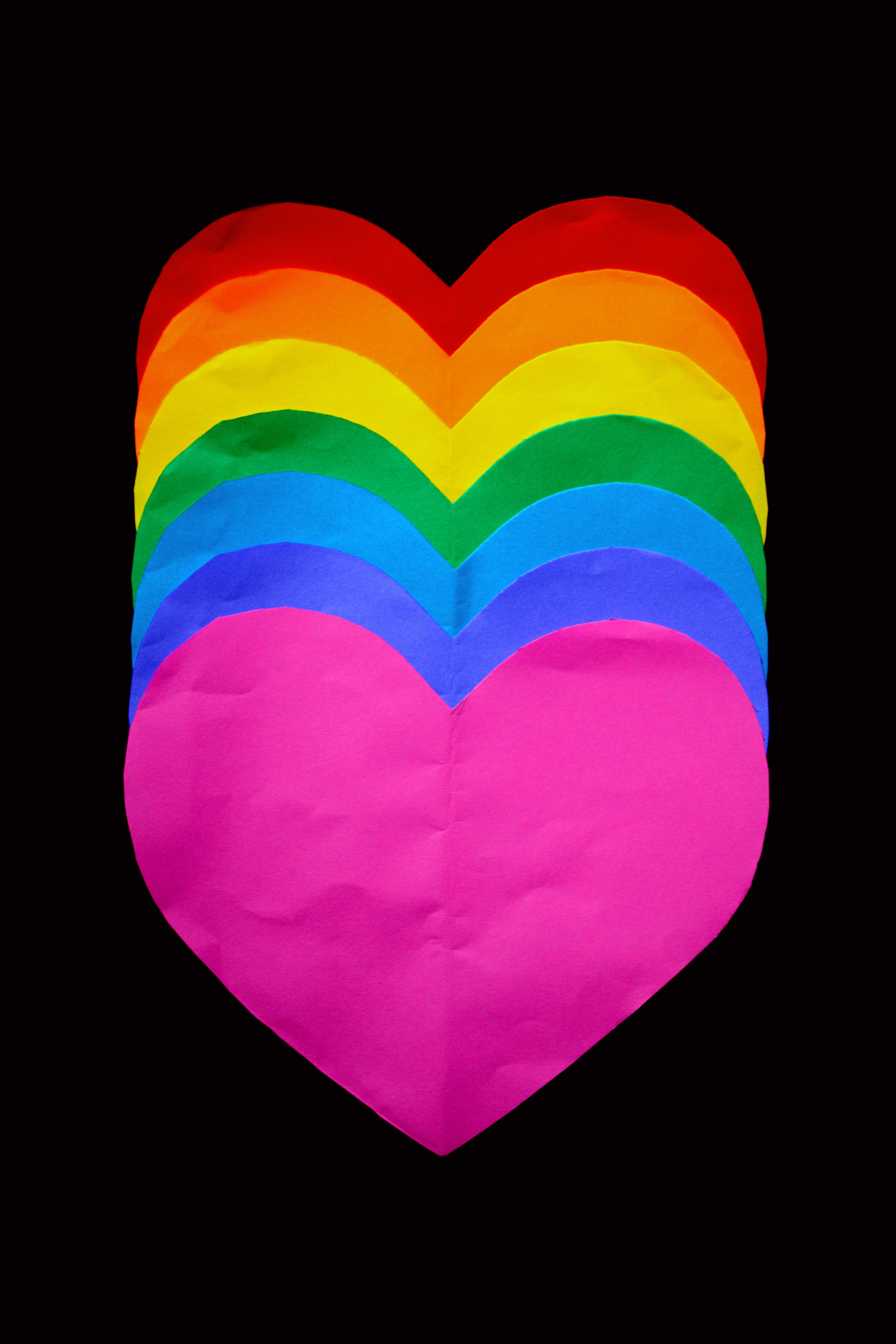 rainbow heart, layered paper hearts, black background, 5K Phone Wallpaper