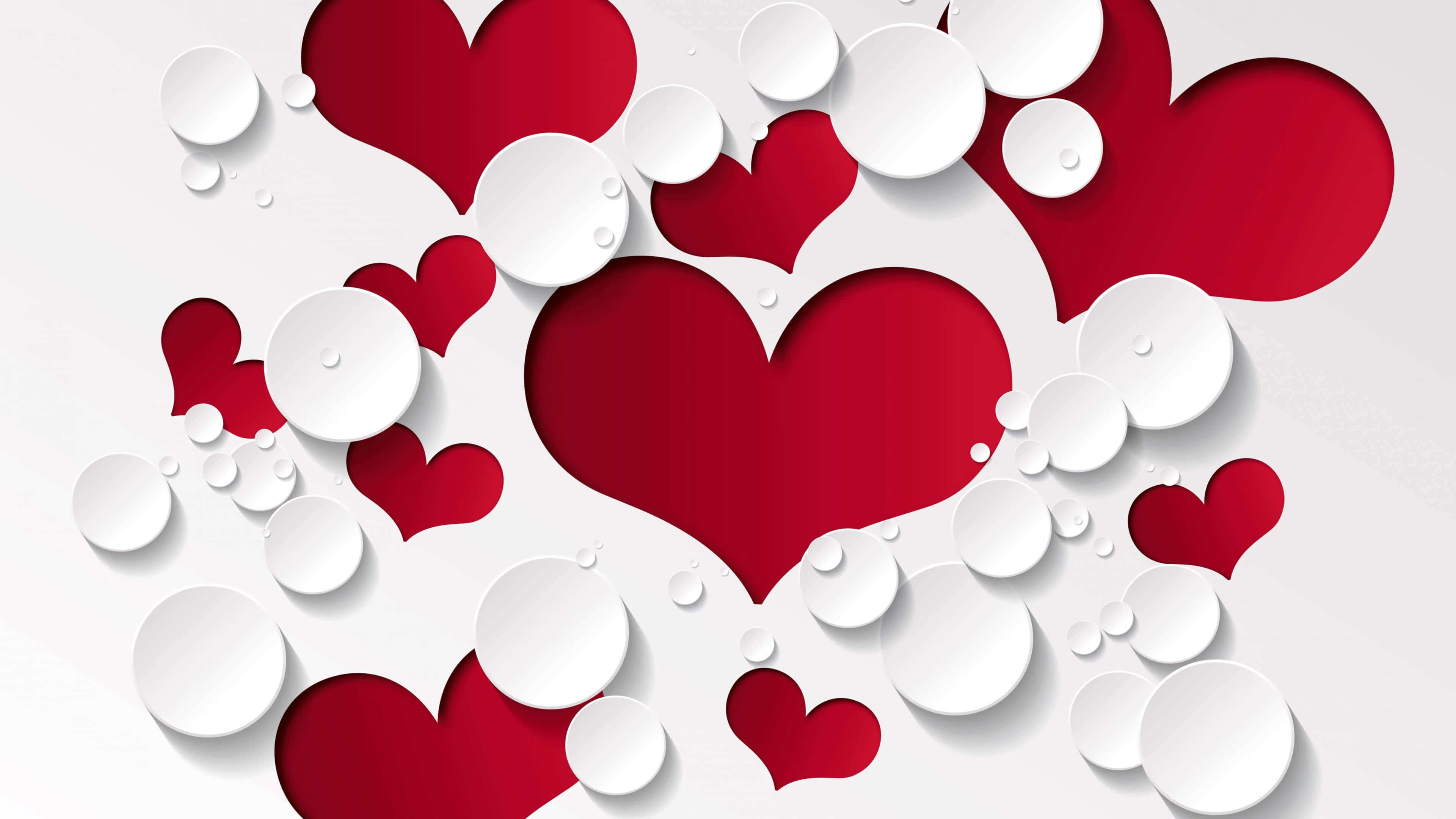heart pattern, red and white paper hearts, circles, 4K Desktop Wallpaper