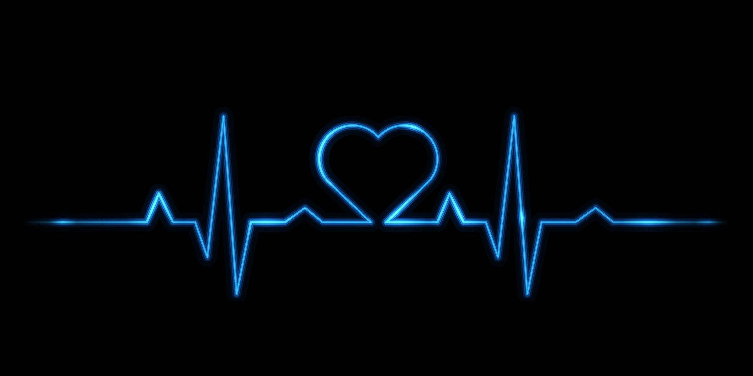 Heart Rate Line Dark Heart, glowing blue neon heartbeat line, heart shape, Full HD Desktop Wallpaper