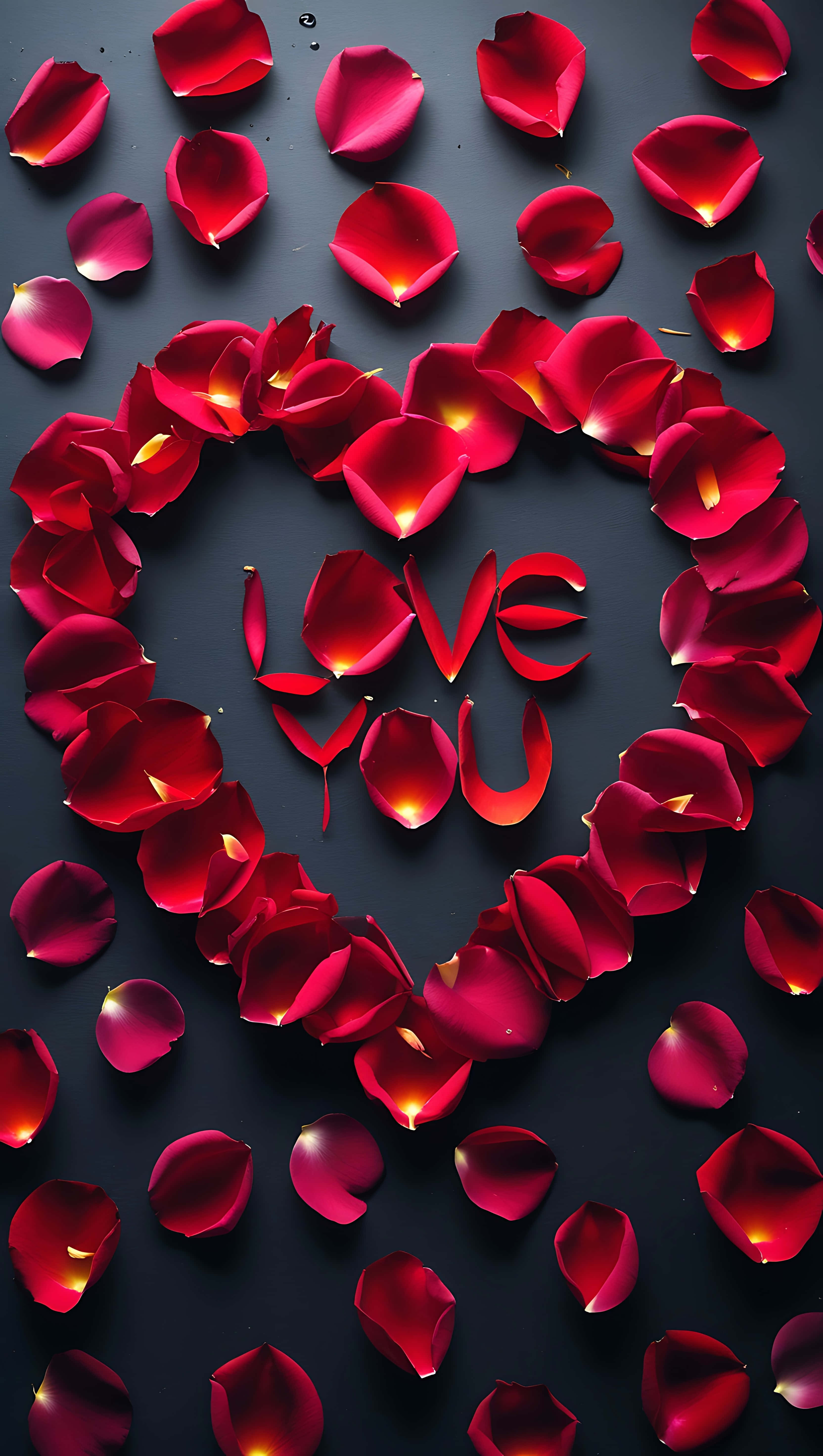rose petals, glowing heart shape, love you, 5K Phone Wallpaper