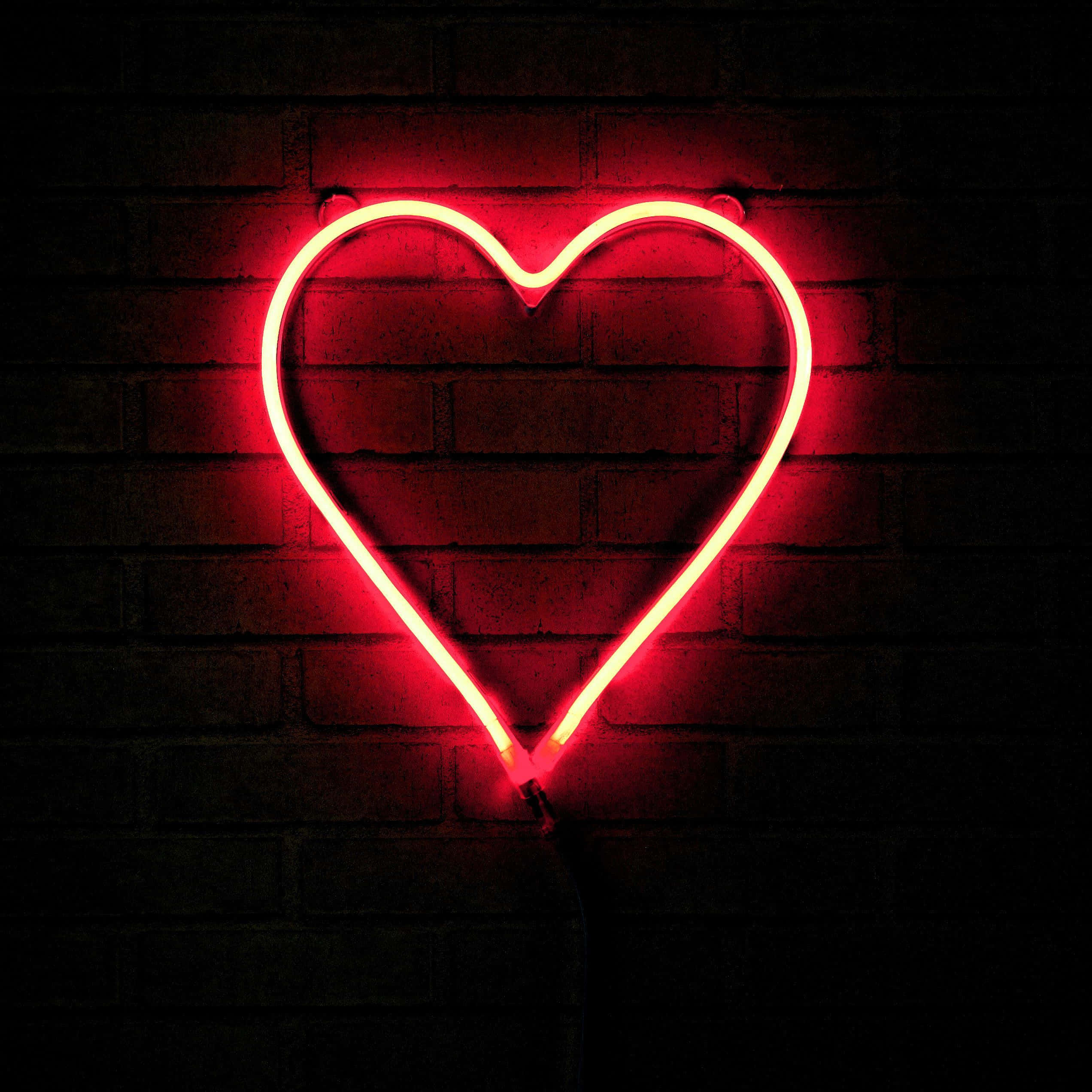 heart shape, glowing red neon heart sign, dark brick wall, Full HD Desktop Wallpaper