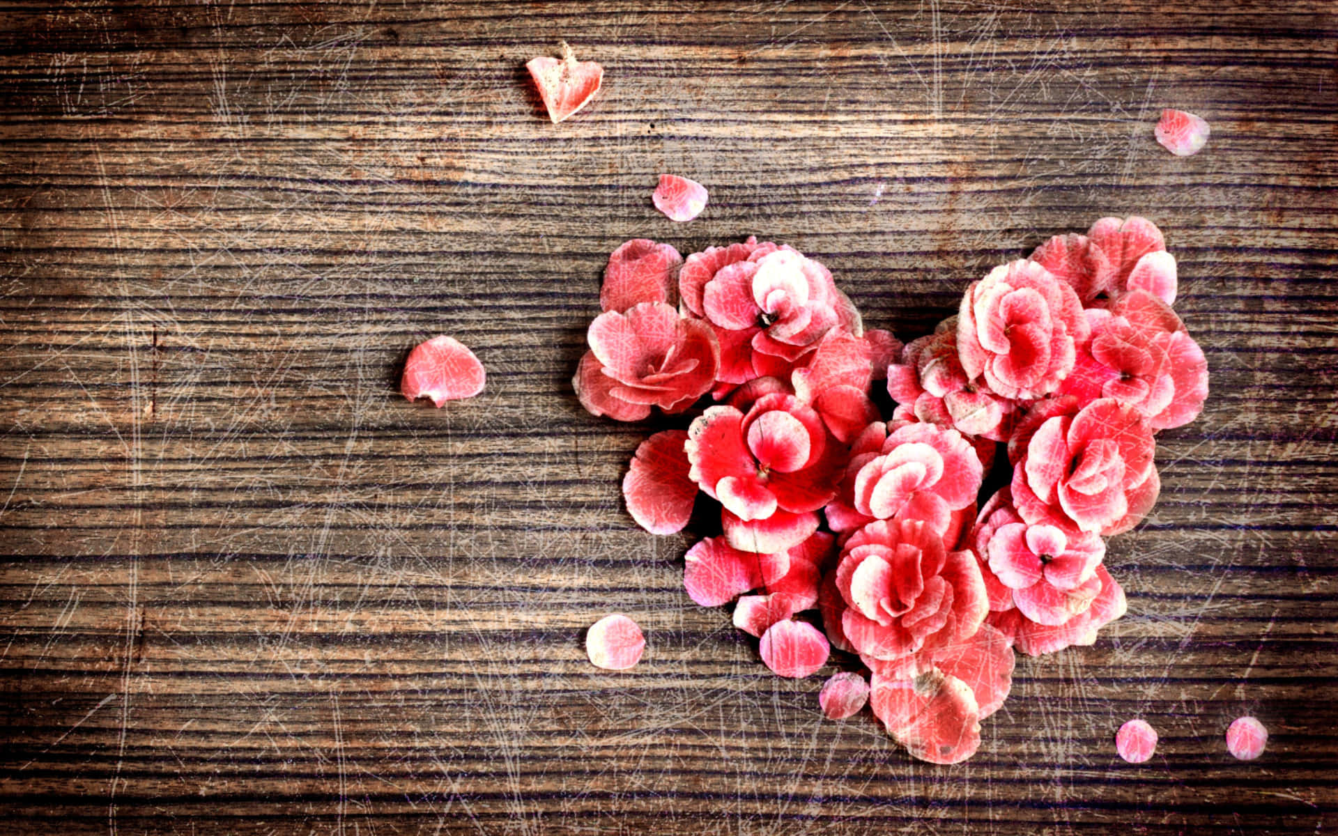 heart shape, pink flowers, weathered wooden surface, Full HD Desktop Wallpaper
