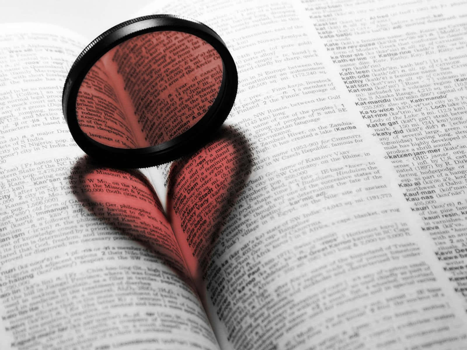 heart shape, magnifying glass, open dictionary page, HD Desktop Wallpaper