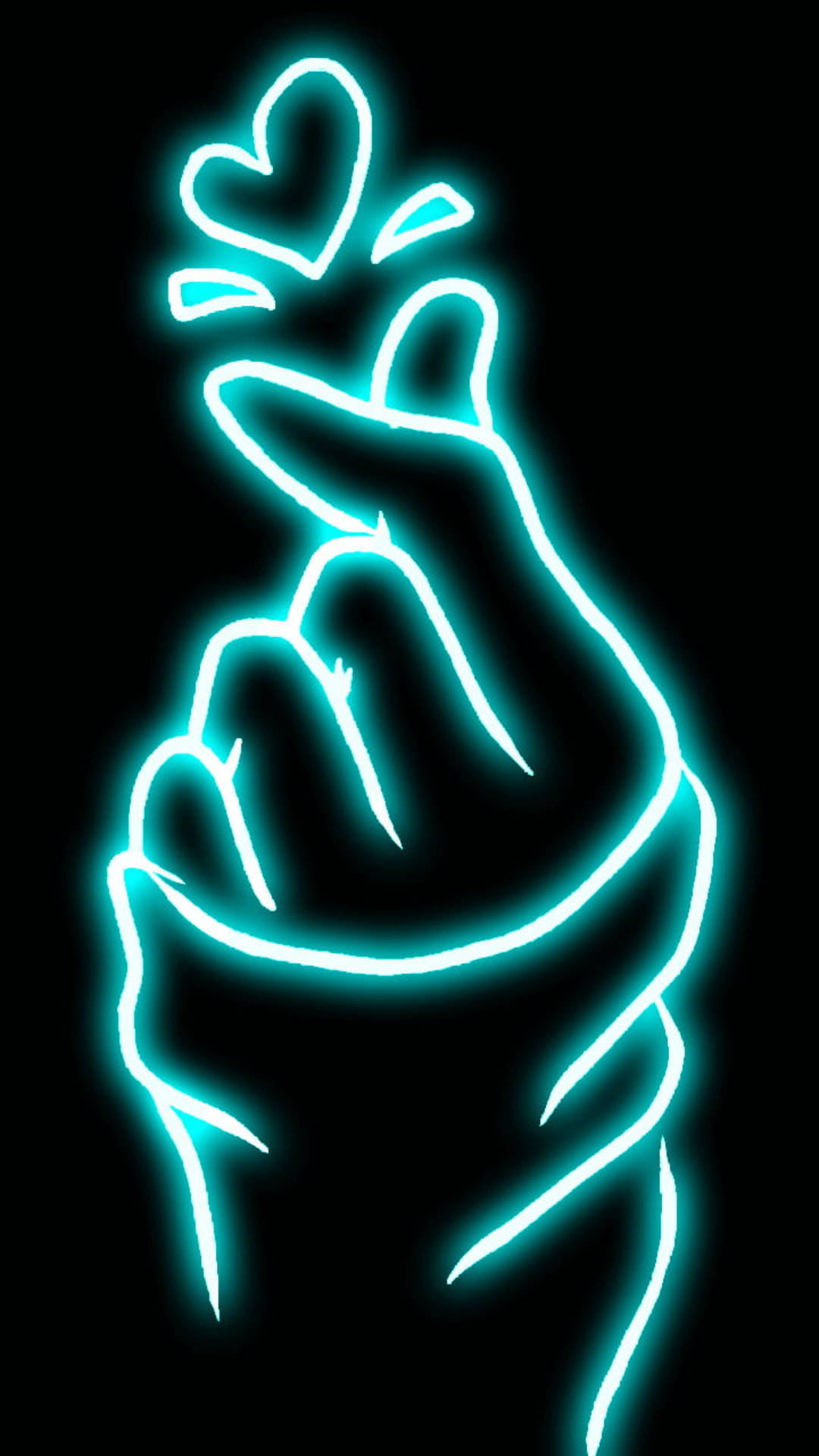 finger heart, turquoise neon light, glowing cyan neon, Full HD Phone Wallpaper