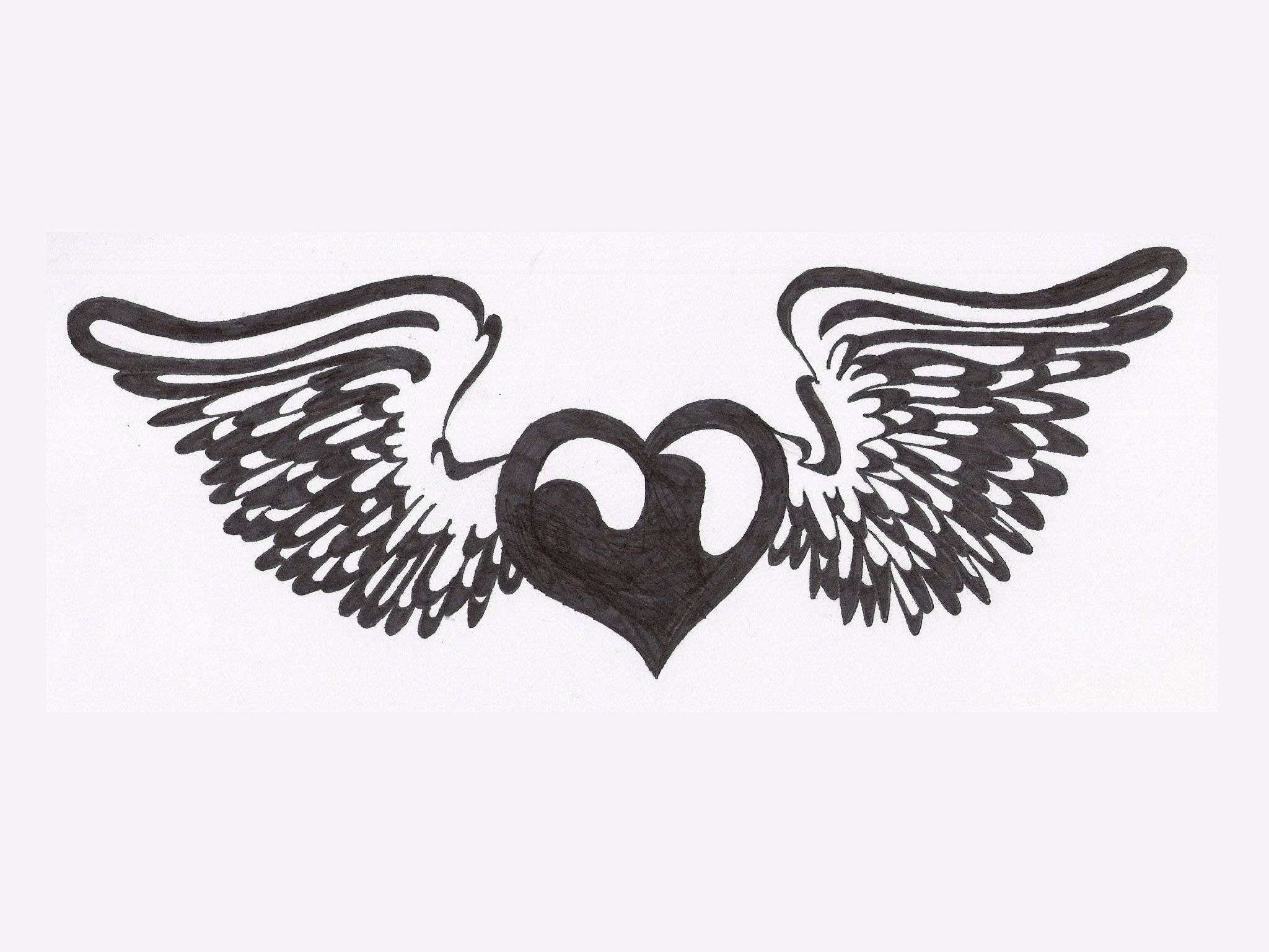 Winged Heart Love, black ink drawing, heart with outstretched wings, Full HD Desktop Wallpaper