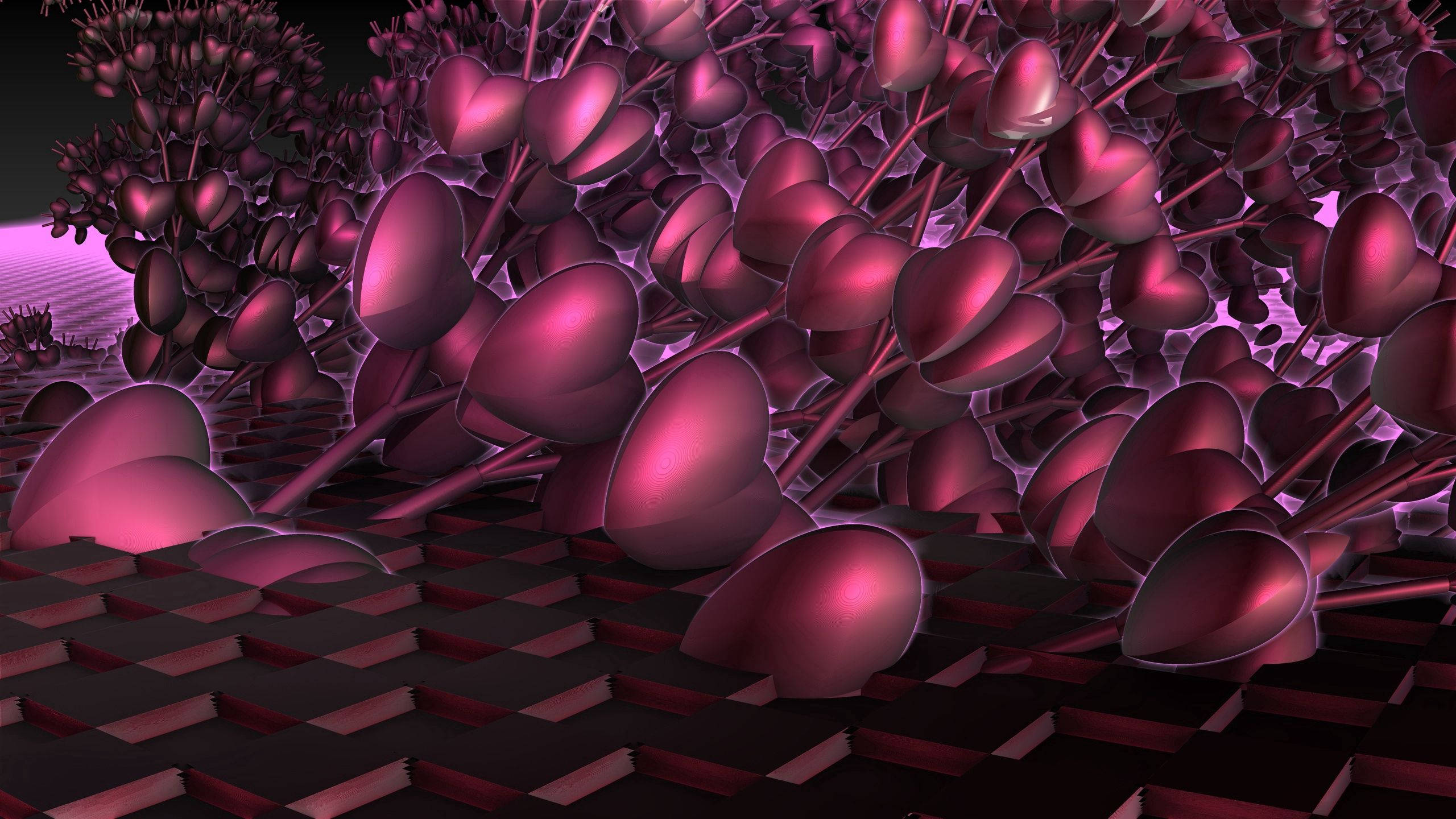 3D Valentine's Heart Plants, glossy magenta, heart-shaped flora, 2K Desktop Wallpaper