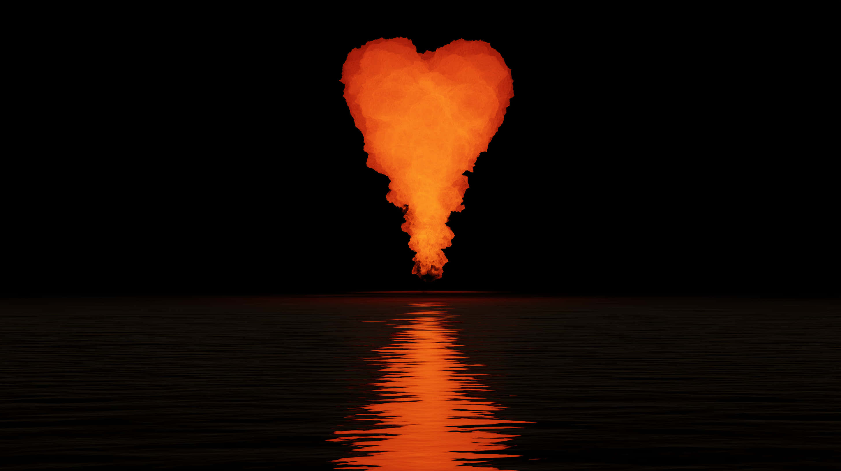 burning heart, water, black sky, 2K Desktop Wallpaper