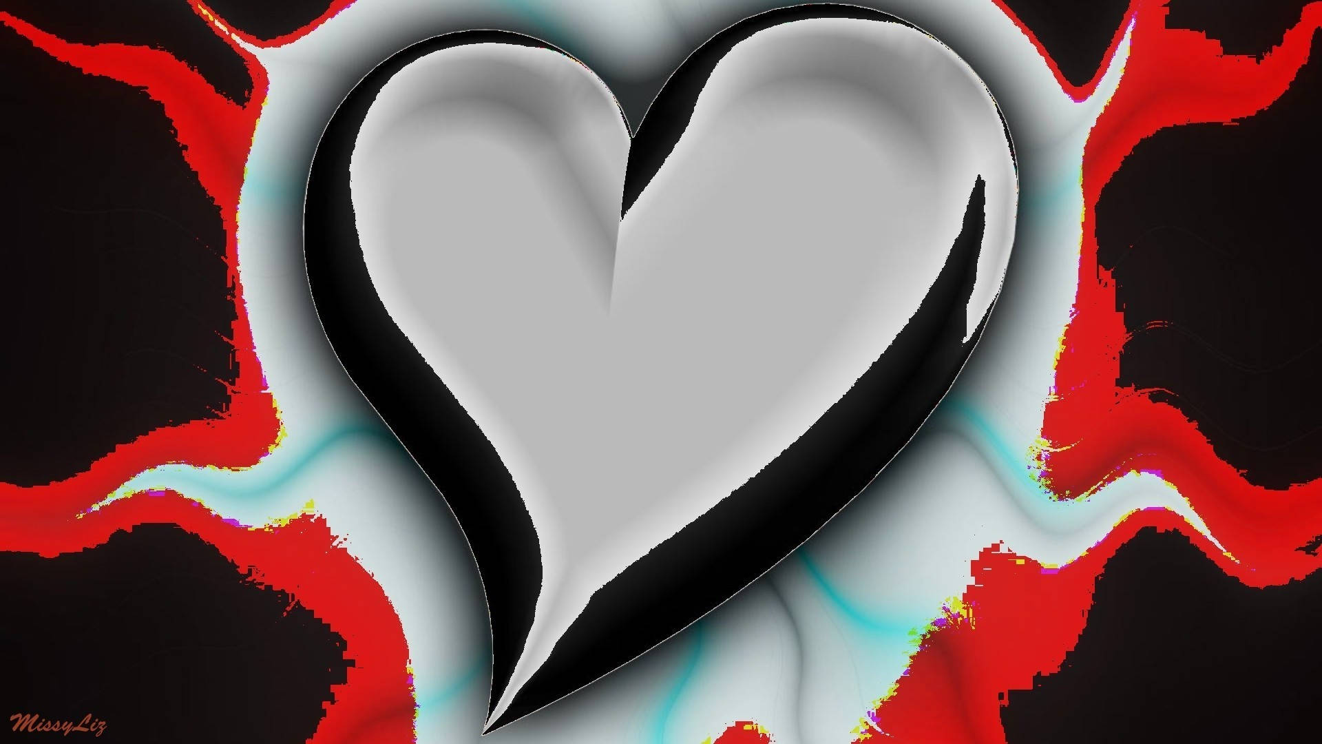 white and red heartbeat artwork, sleek silver heart, black outline, Full HD Desktop Wallpaper