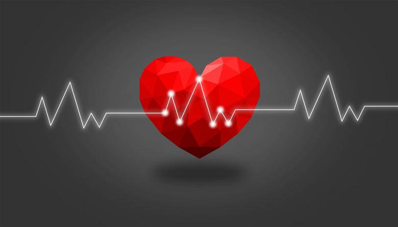 vibrant red low-poly heart, glowing white heartbeat line, dark gray gradient background, SD Desktop Wallpaper