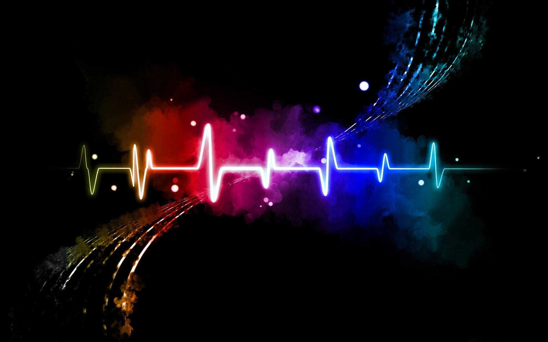 neon heartbeat line, dark background, swirling colorful energy trails, Full HD Desktop Wallpaper