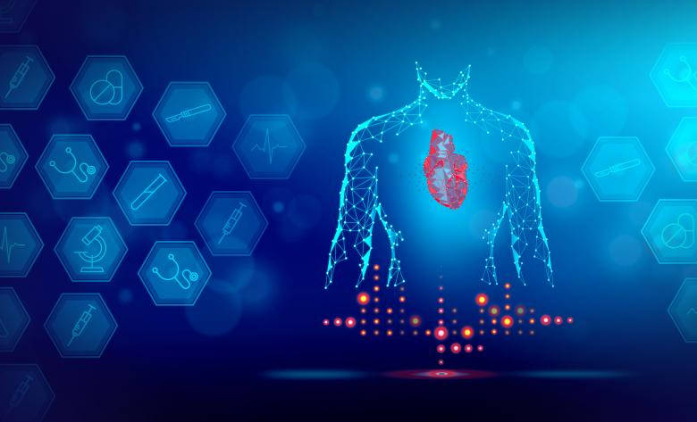 glowing blue polygonal human silhouette, red heart at center, medical icons in hexagons, SD Desktop Wallpaper