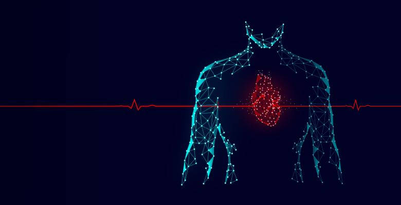 glowing blue polygonal human silhouette, pulsing red heart, red heartbeat line, SD Desktop Wallpaper