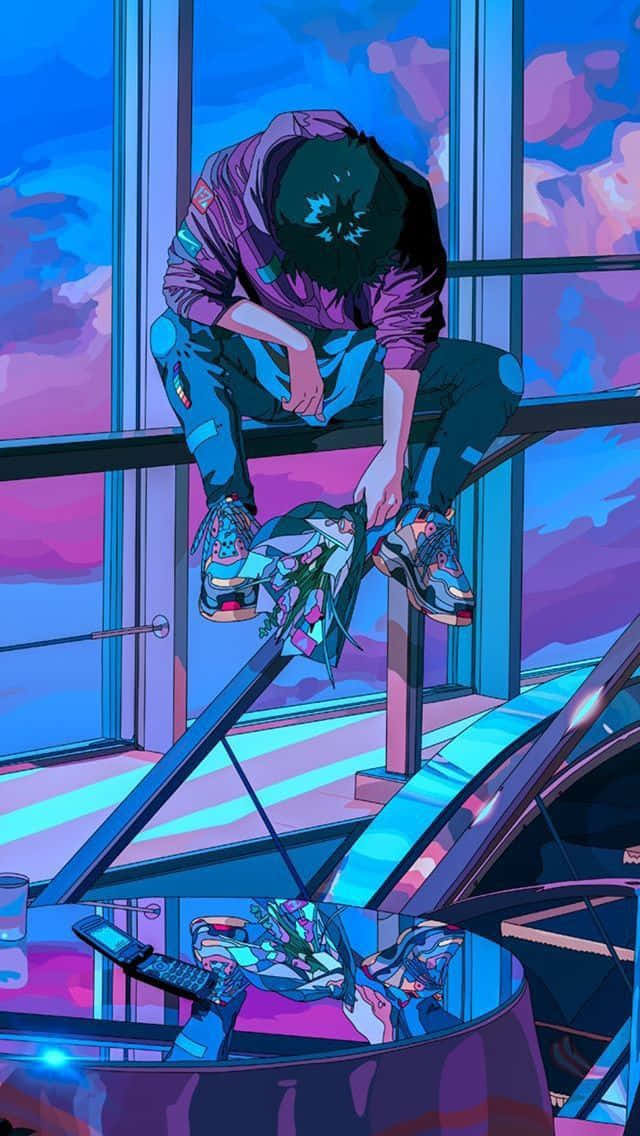 Heartbreak Anime, neon-lit urban setting, twilight sky, SD Phone Wallpaper