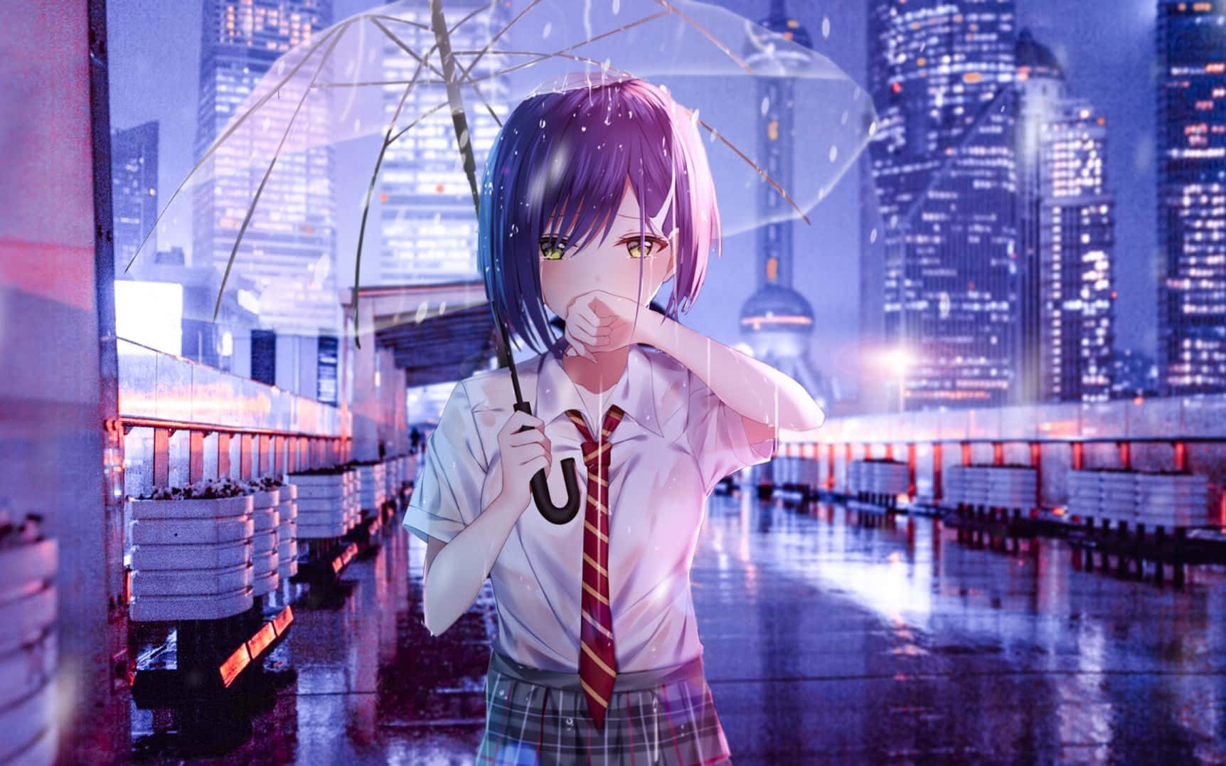 purple-haired anime girl, school uniform, clear umbrella, HD Desktop Wallpaper
