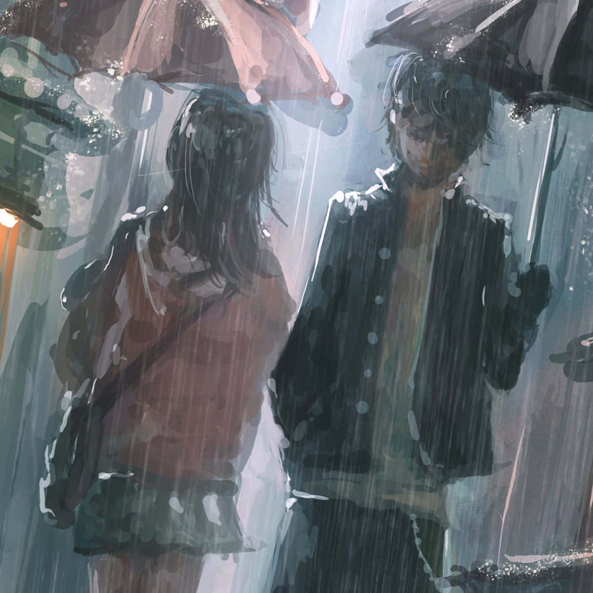 Heartbreak Anime, umbrellas, heavy rain, SD Desktop Wallpaper