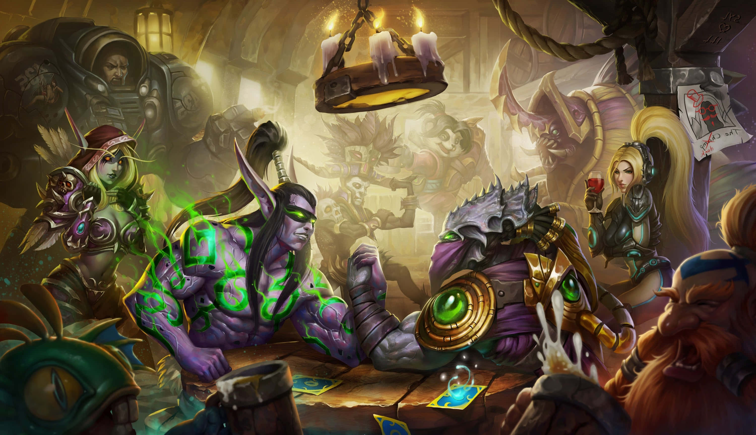 Hearthstone Desktop, fantasy tavern, glowing green orc, 2K Desktop Wallpaper