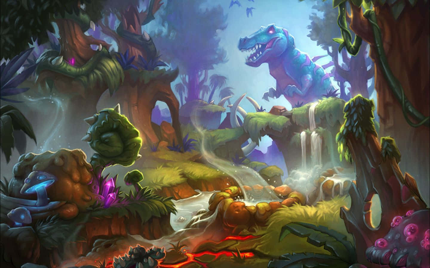 Hearthstone Desktop, blue dinosaur, misty jungle cliffside, HD Desktop Wallpaper