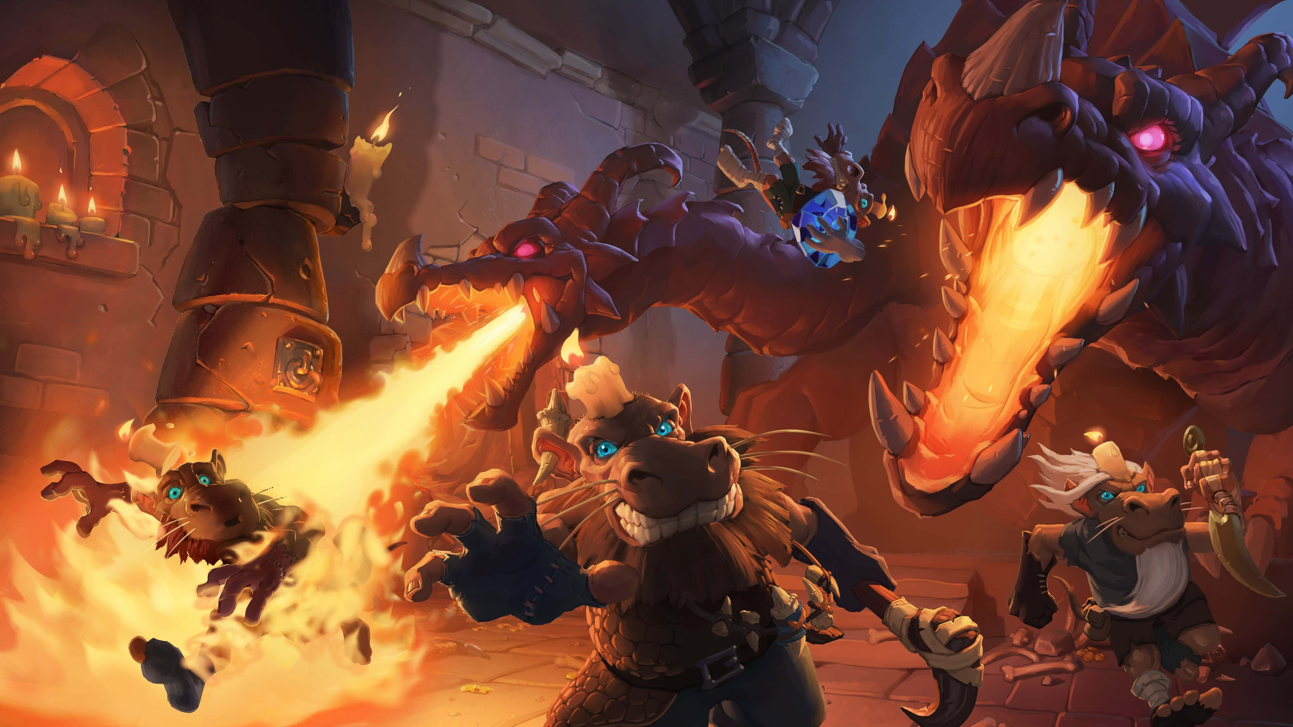 Hearthstone Desktop, fantasy adventurers, fiery dragons, 5K Desktop Wallpaper