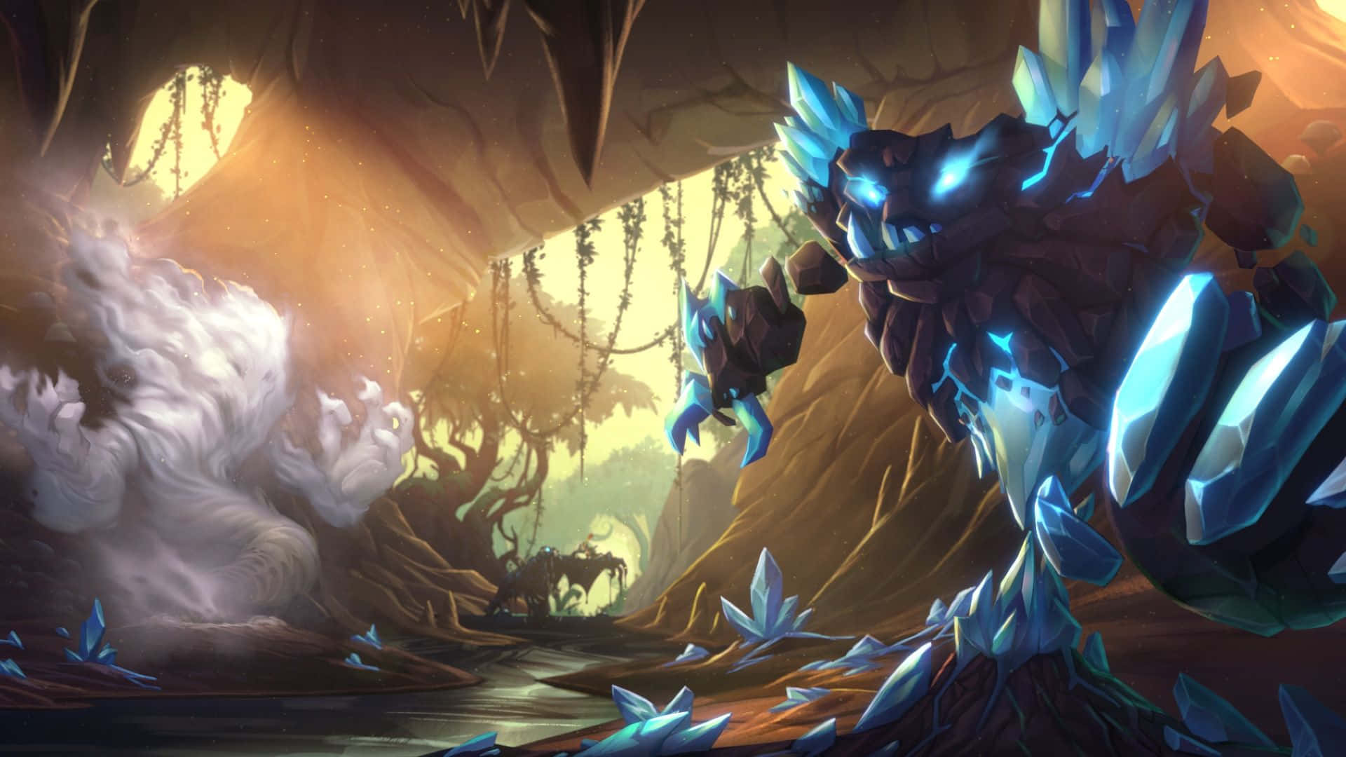 Hearthstone Desktop, glowing blue crystalline monster, mystical cave, Full HD Desktop Wallpaper