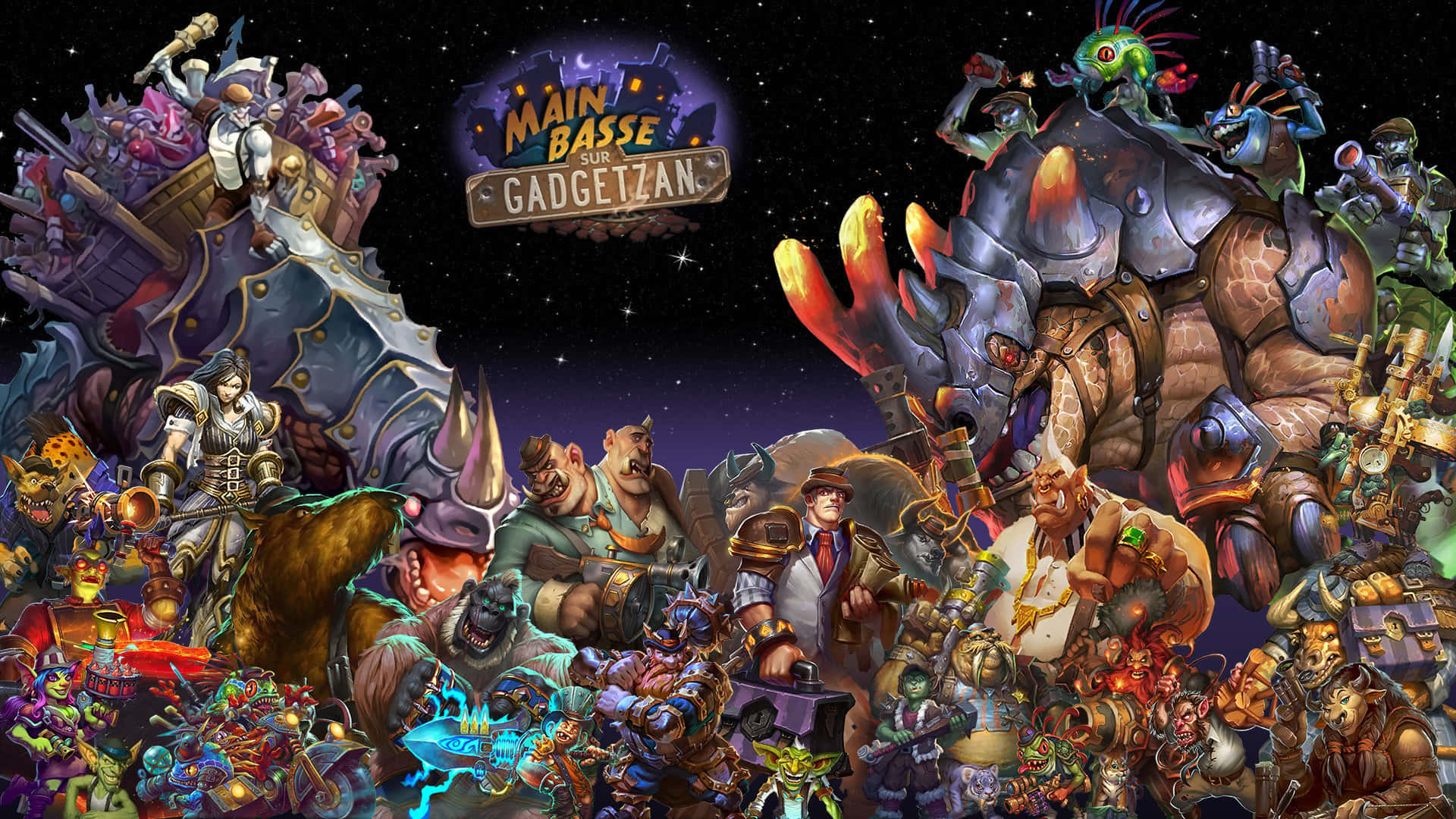 Hearthstone Desktop, chaotic fantasy battle scene, diverse monsters and warriors, Full HD Desktop Wallpaper