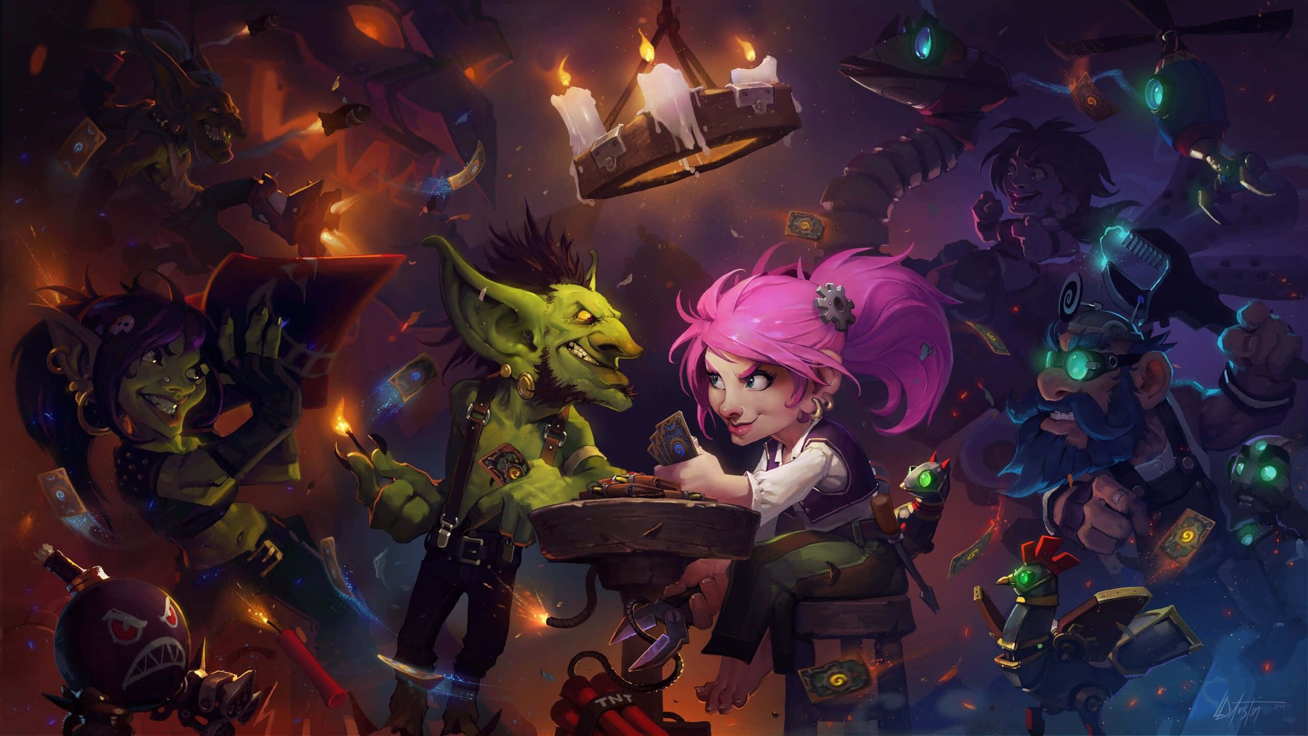 Hearthstone Desktop, pink-haired girl, green goblin, 2K Desktop Wallpaper