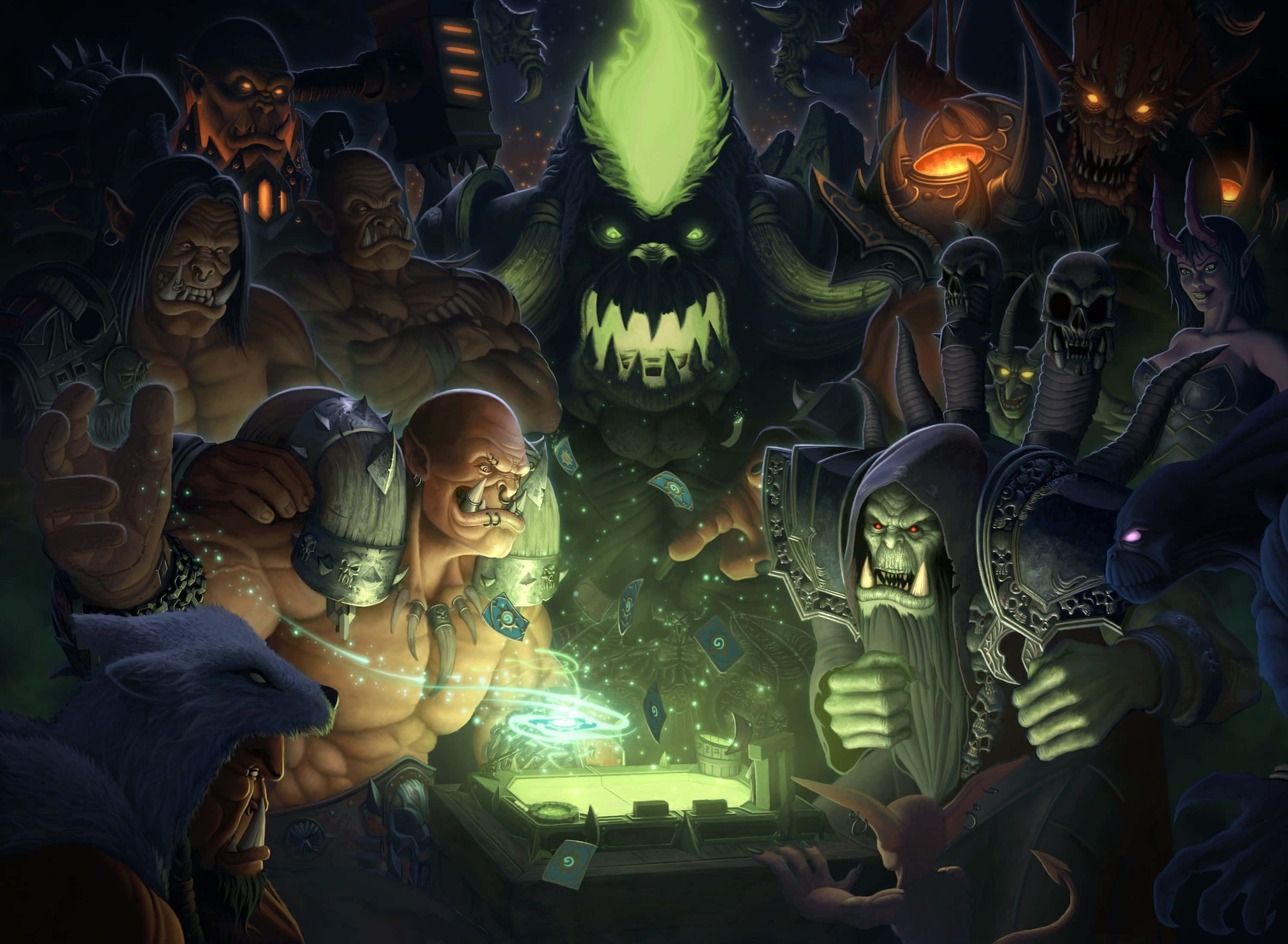 Hearthstone Desktop, glowing green table, shadowy cavern, 2K Desktop Wallpaper