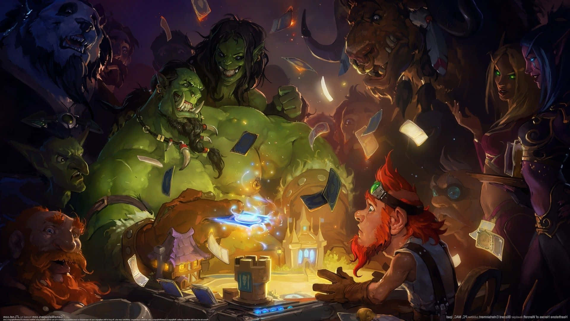 Hearthstone Desktop, green orc wizard, glowing spell, Full HD Desktop Wallpaper