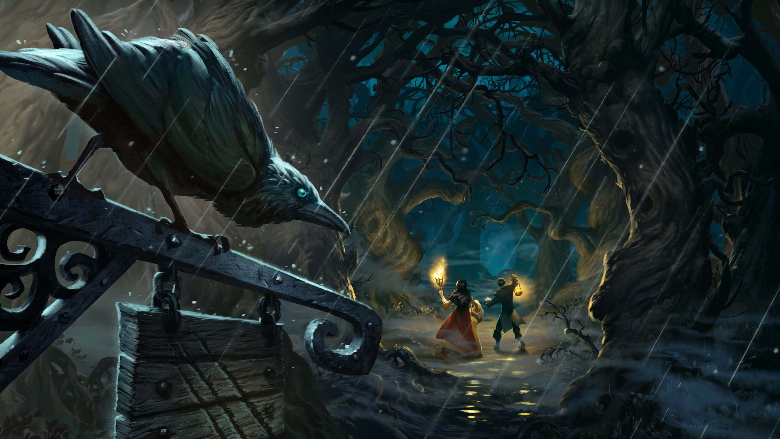 Hearthstone Desktop, glowing hands, dark rainy forest, 2K Desktop Wallpaper