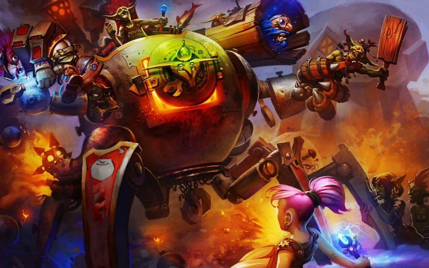 Hearthstone Desktop, fantasy battle scene, giant mechanical boss, HD Desktop Wallpaper