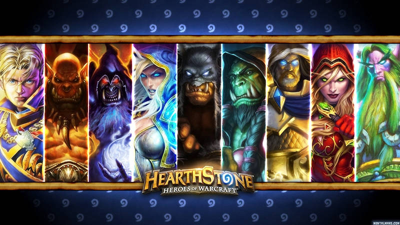 Hearthstone, fantasy heroes, dark blue patterned background, SD Desktop Wallpaper