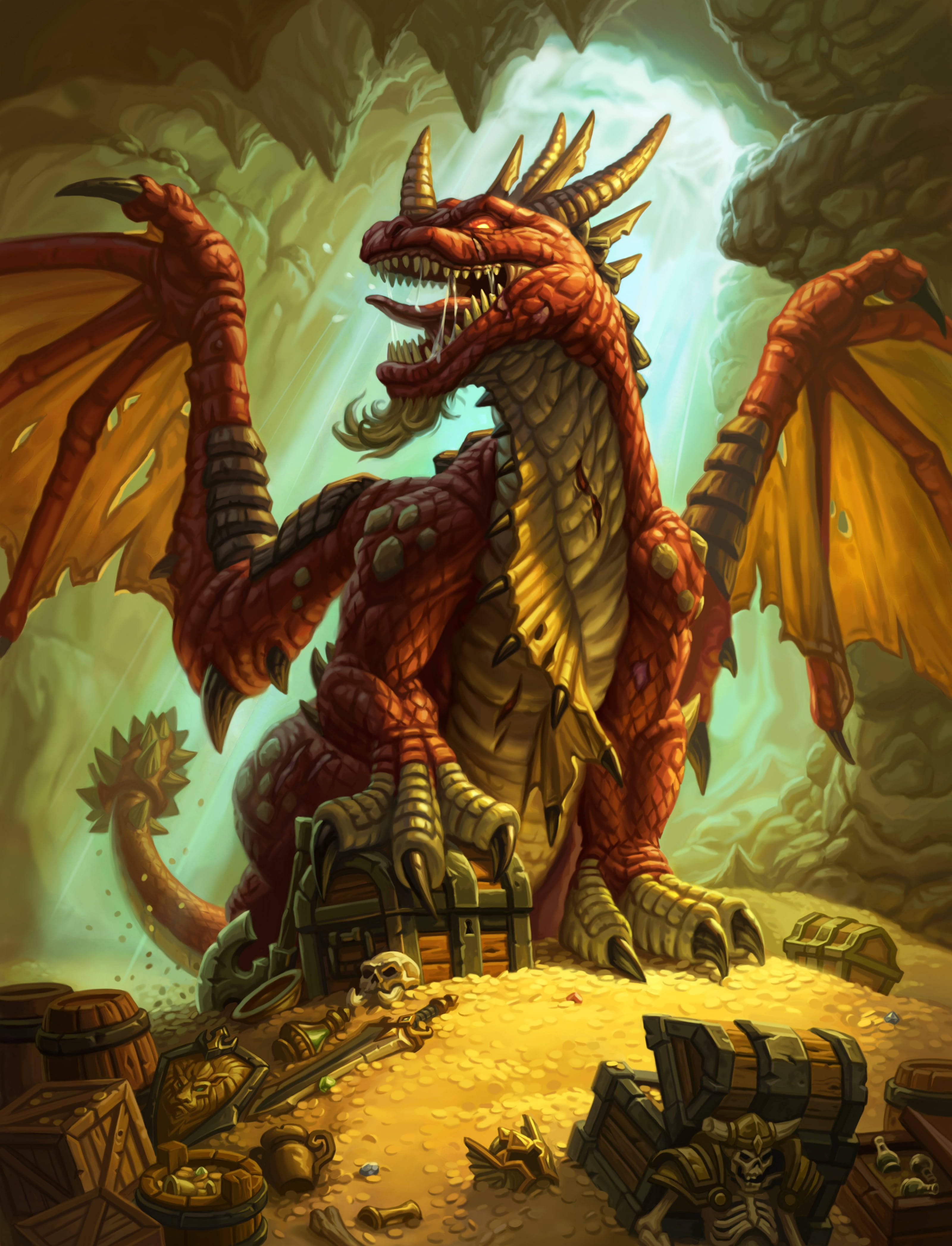 Hearthstone, red dragon, treasure chest, 4K Phone Wallpaper